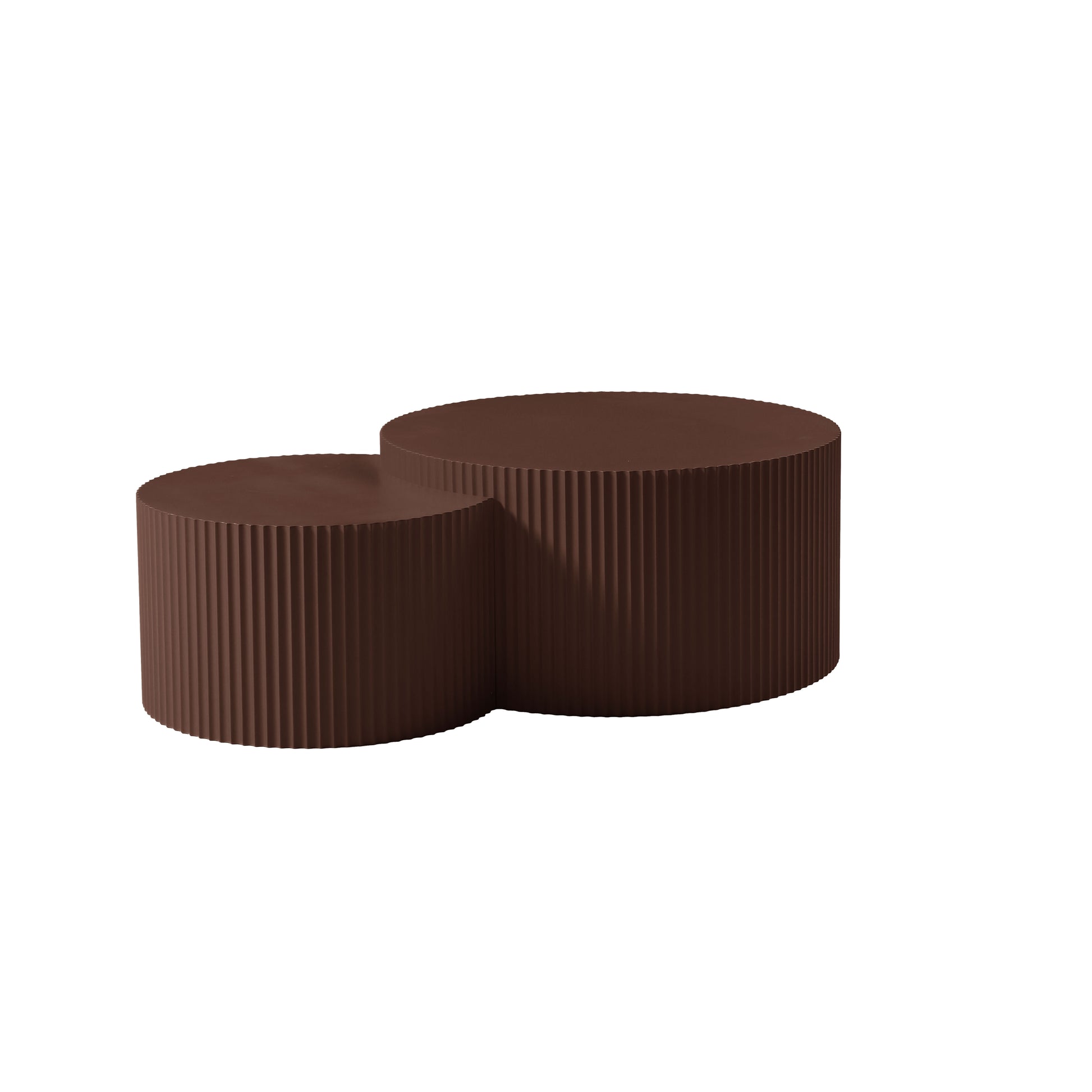 Handcrafted Relief Mdf Nesting Table Set Of 2, Round And Half Moon Shapes, Brown, No Need Assembly Dark Brown Mdf