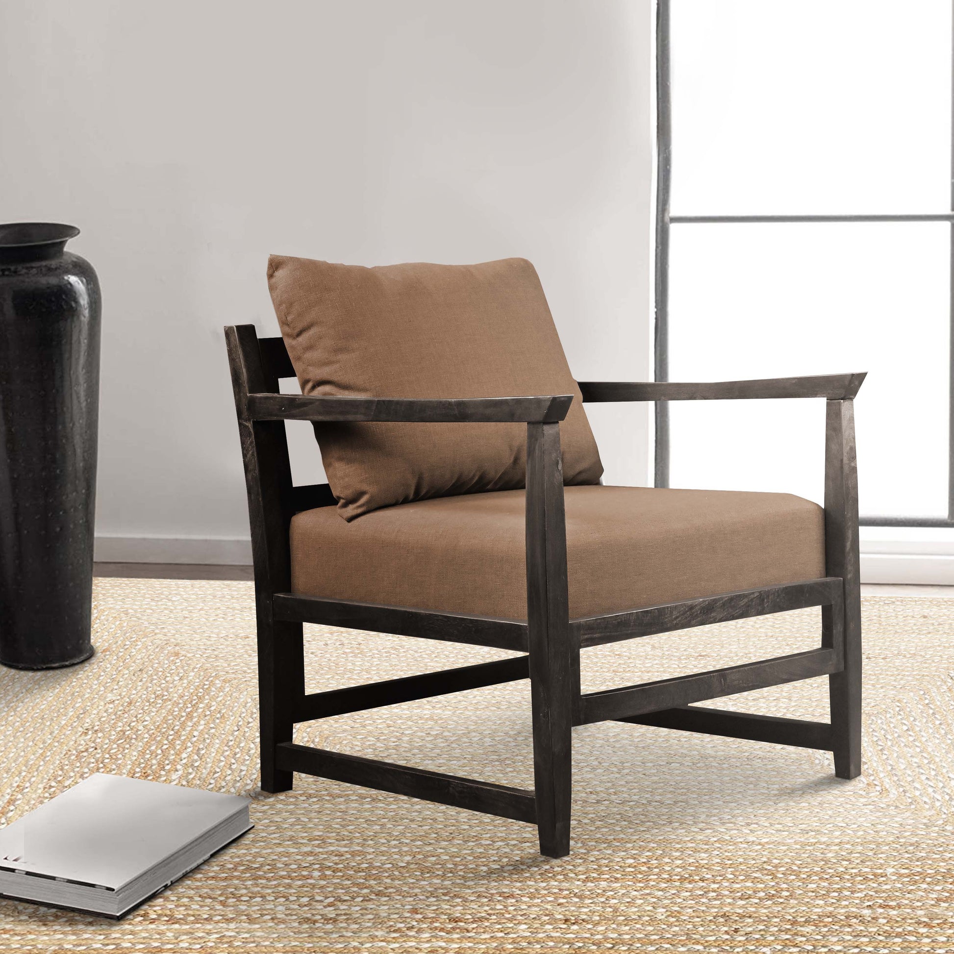 Malibu 27 Inch Handcrafted Mango Wood Accent Chair, Fabric, Pillow Back, Open Frame, Brown Brown Solid Wood