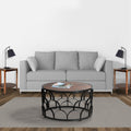32 Inch Round Coffee Table, Mango Wood Top, Lattice Cut Out Metal Frame, Brown, Black Walnut Black Metal & Wood
