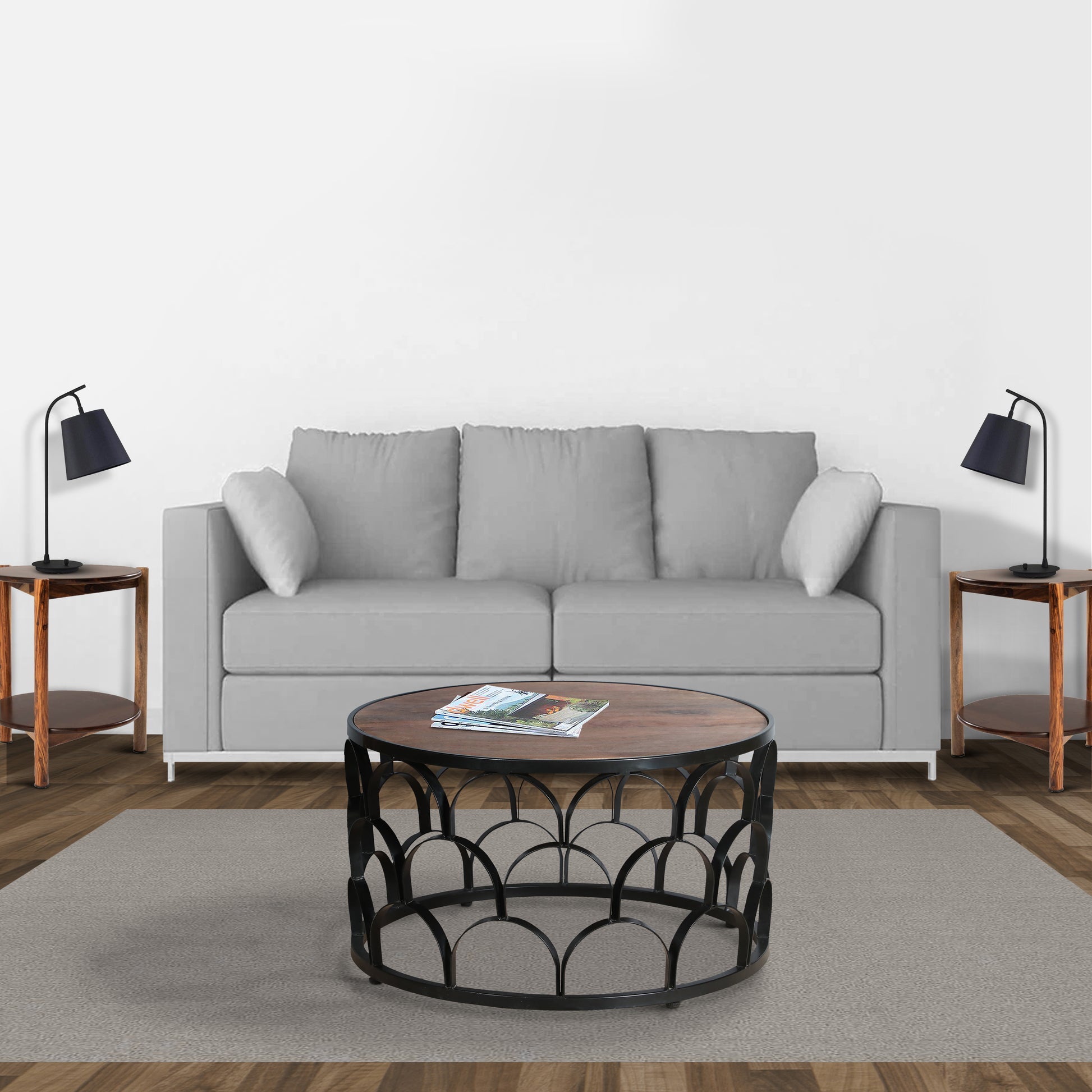 32 Inch Round Coffee Table, Mango Wood Top, Lattice Cut Out Metal Frame, Brown, Black Walnut Black Metal & Wood