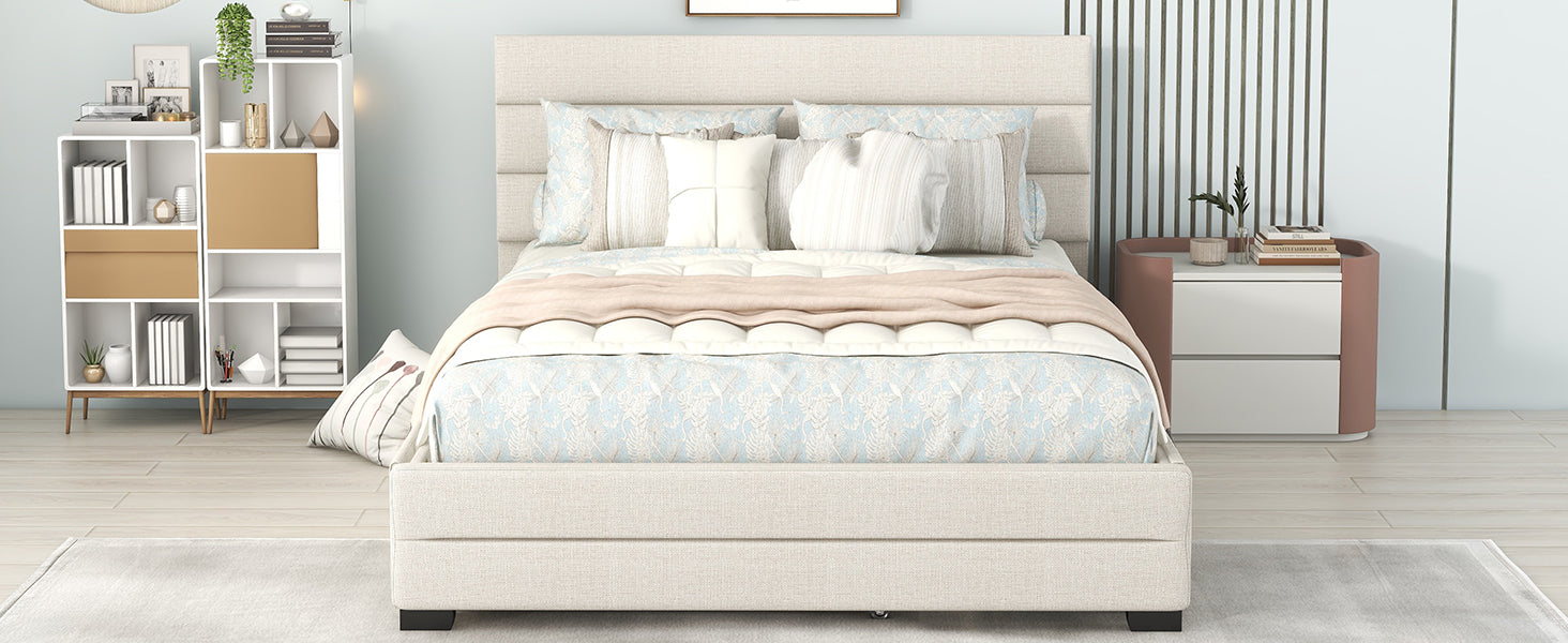 Queen Upholstered Platform Bed With Twin Size Trundle And Two Drawers, Beige Queen Beige Upholstered