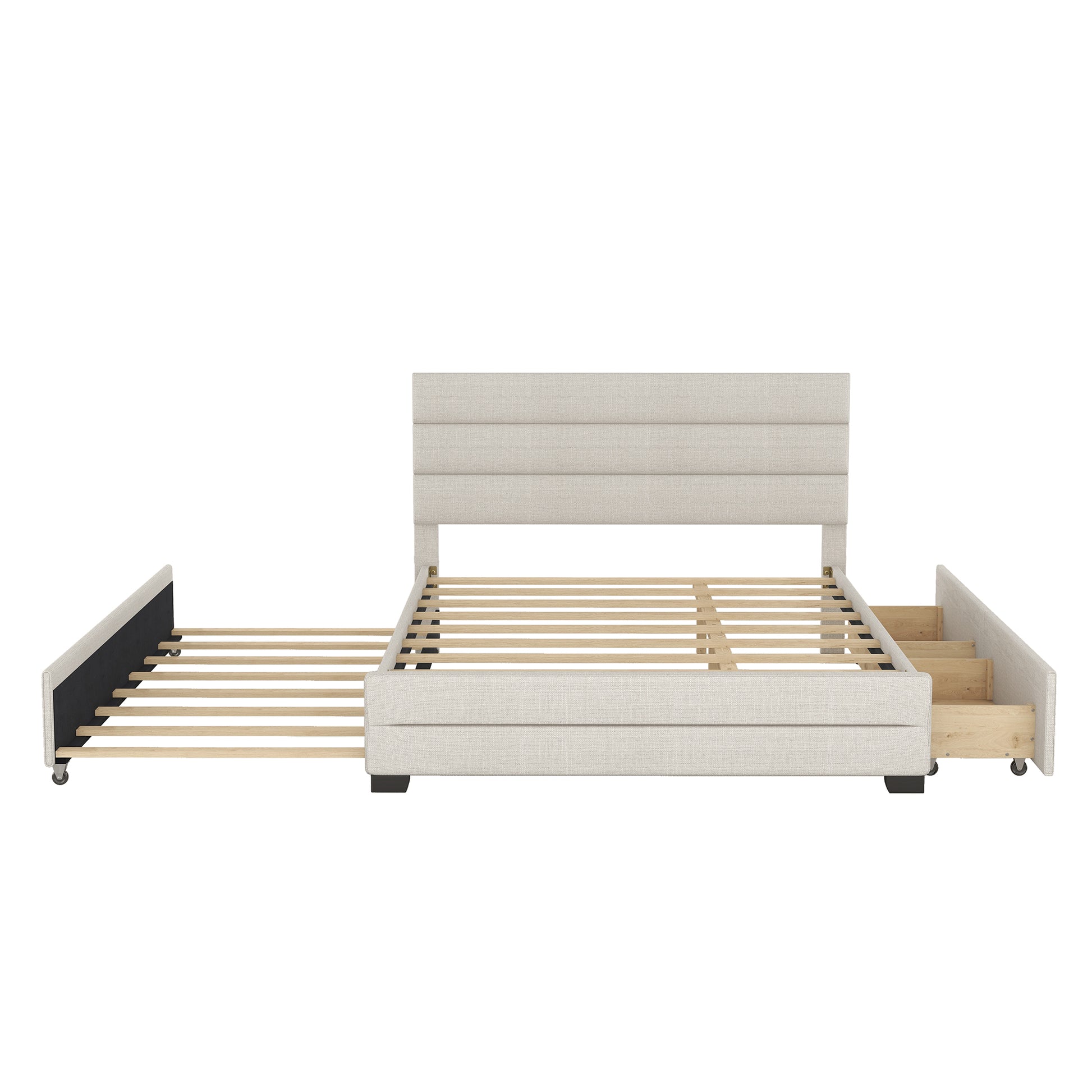 Queen Upholstered Platform Bed With Twin Size Trundle And Two Drawers, Beige Queen Beige Upholstered