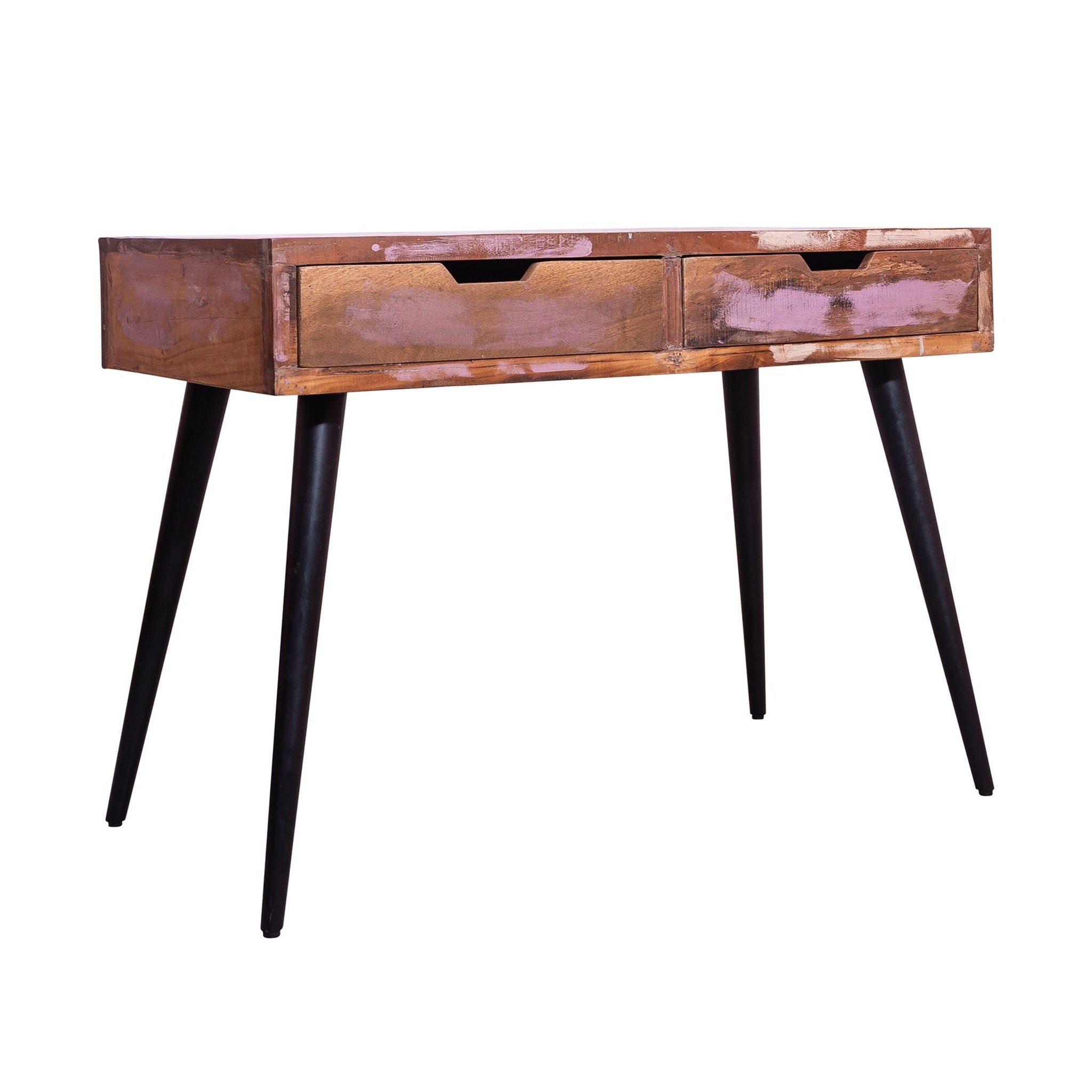 43 Inch 2 Drawer Reclaimed Wood Console Table, Angled Legs, Multi Tone Pastel Accent, Brown, Black Walnut Black Metal & Wood