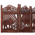 Hand Carved Elephant Design Foldable 4 Panel Wooden Room Divider, Brown Brown Solid Wood