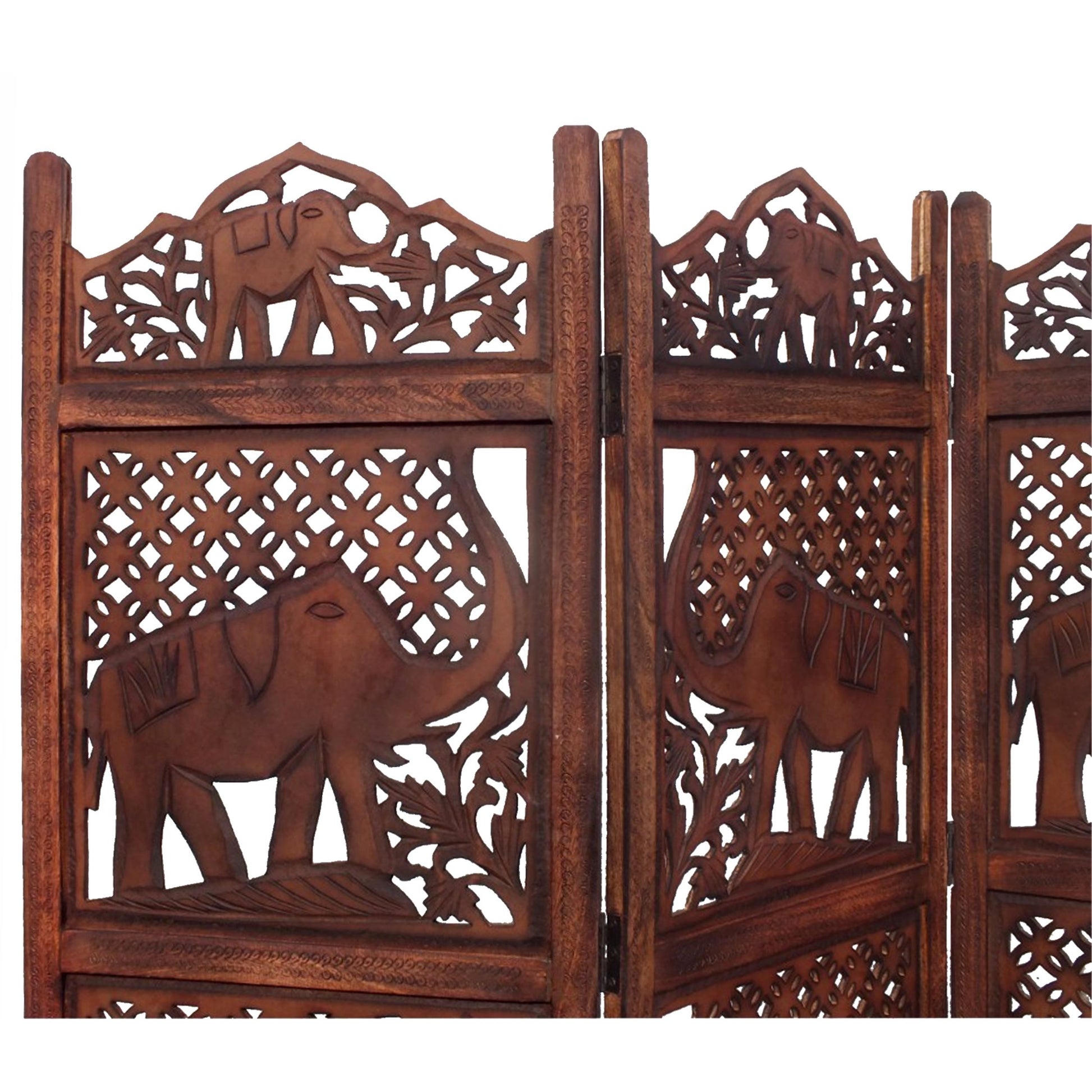 Hand Carved Elephant Design Foldable 4 Panel Wooden Room Divider, Brown Brown Solid Wood