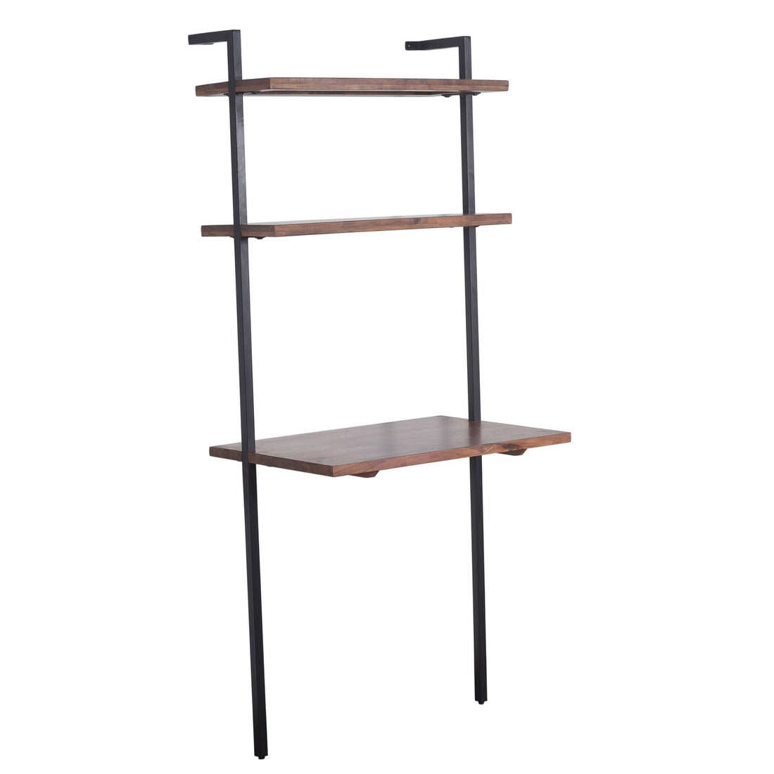 Industrial 3 Tier Mango Wood Ladder Storage Wall Shelf With Tubular Frame, Brown And Black Walnut Black Metal & Wood