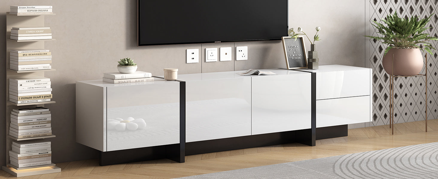 White & Black Contemporary Rectangle Design Tv Stand, Unique Style Tv Console Table For Tvs Up To 80'', Modern Tv Cabinet With High Gloss Uv Surface For Living Room. White 80 89 Inches Particle Board