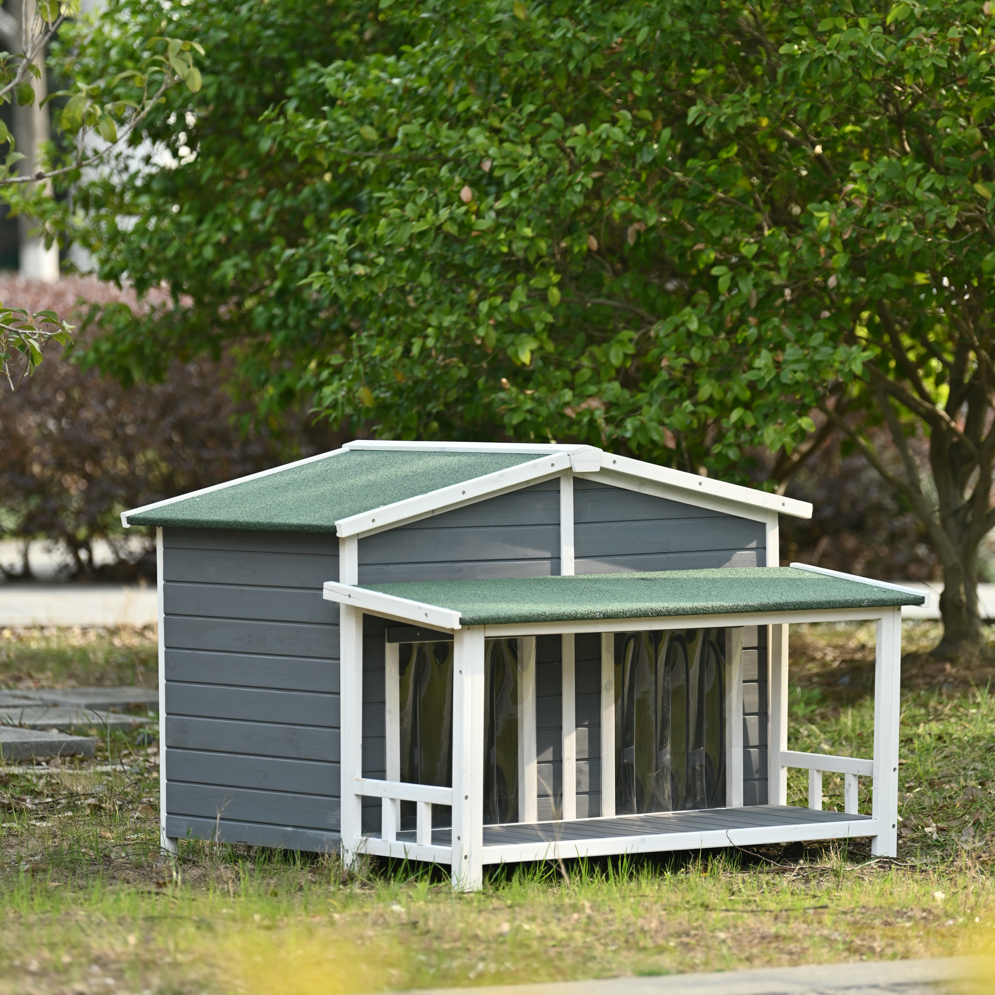 47.2" Large Wooden Dog House Outdoor, Outdoor & Indoor Dog Crate, Cabin Style, With Porch, 2 Doors, Gray And Green Gray Outdoor Kennel Medium 26 40 Lbs Solid Wood