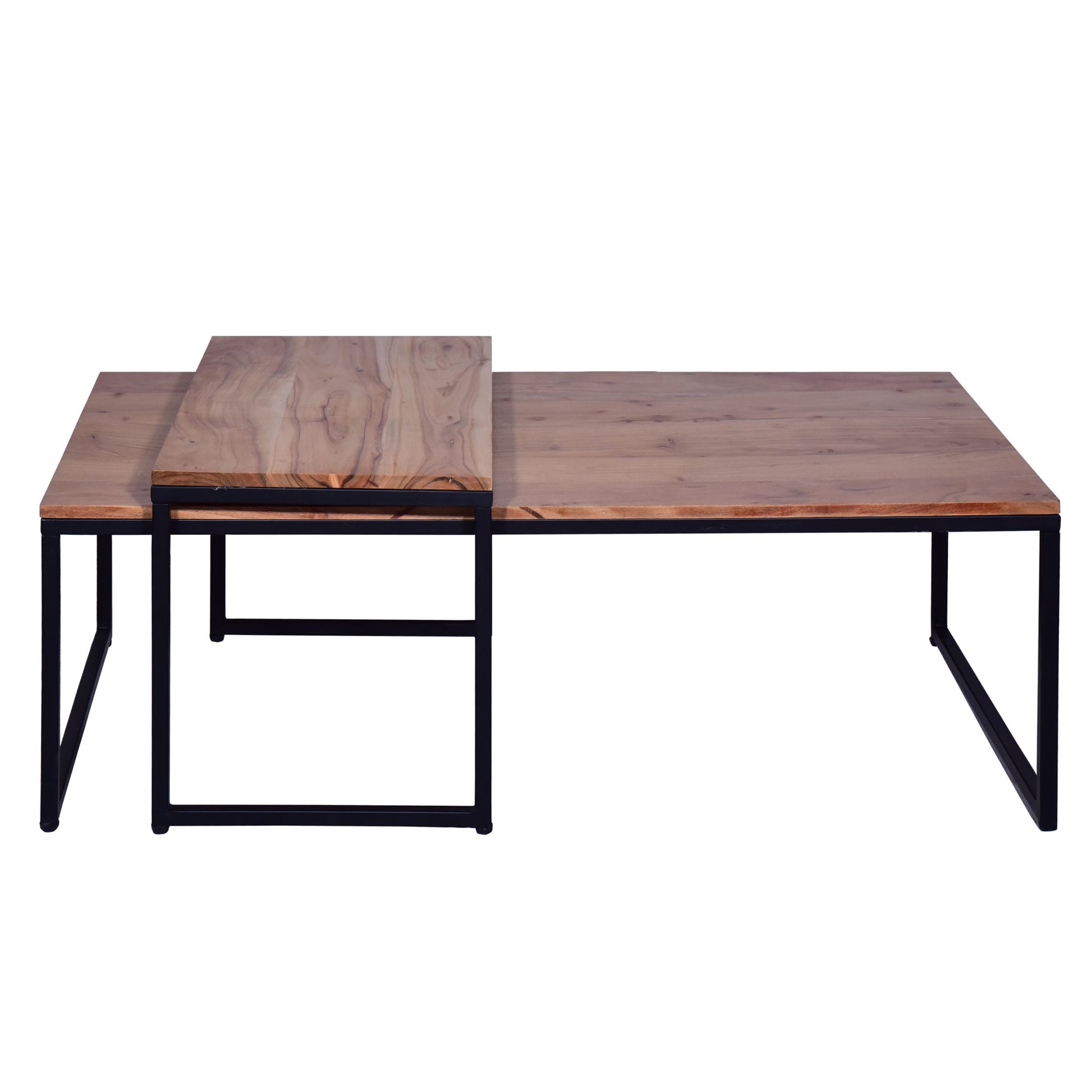 48, 27 Inch 2 Piece Rectangular Wood Nesting Coffee And End Table Set, Sled Metal Base, Brown, Black Walnut Black Metal & Wood