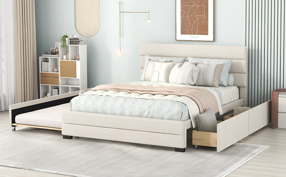 Queen Upholstered Platform Bed With Twin Size Trundle And Two Drawers, Beige Queen Beige Upholstered