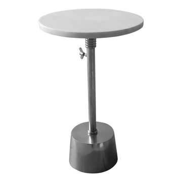 Aluminum Frame Round Side Table With Marble Top And Adjustable Height, White And Silver White Aluminum