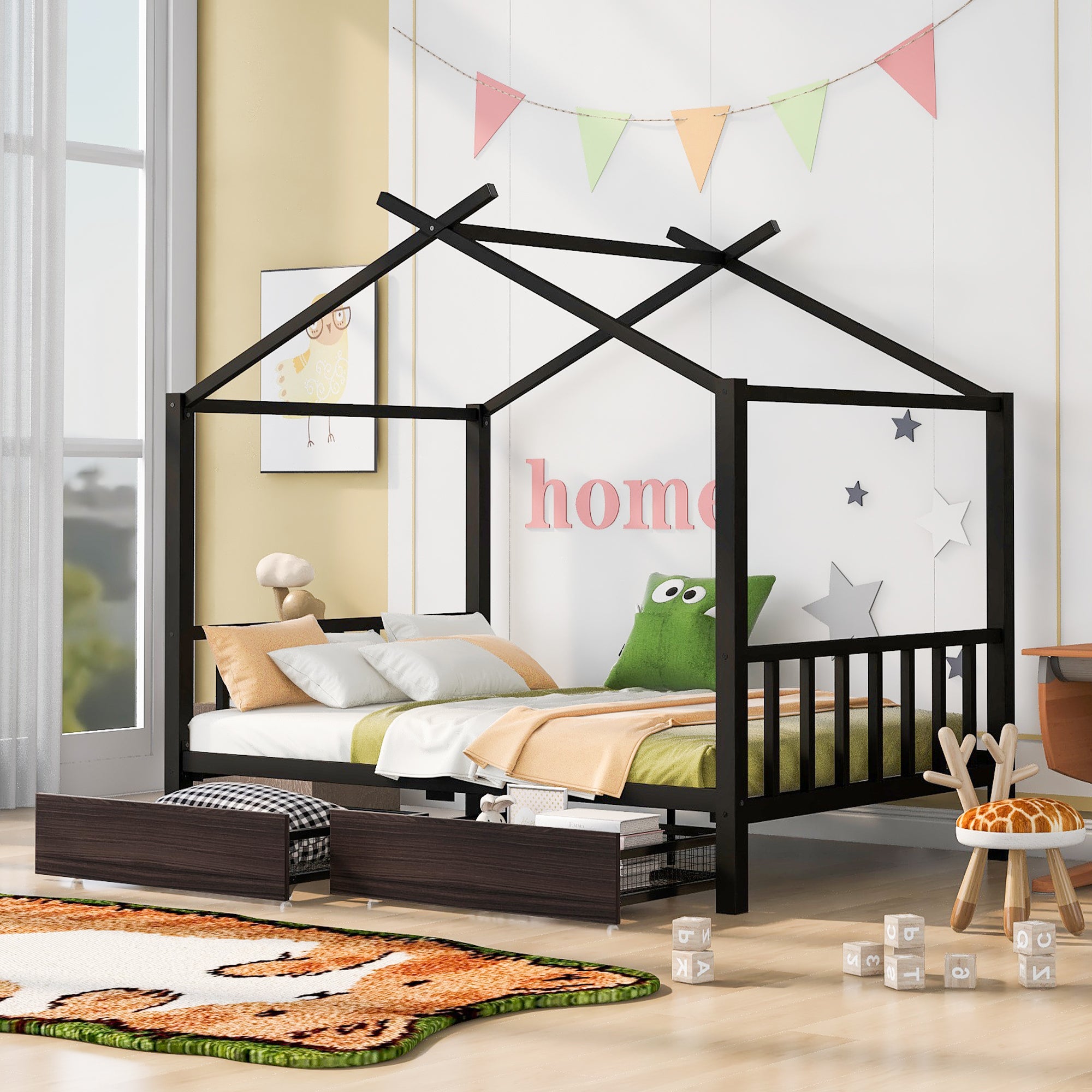 Full Size Metal House Platform Bed With Two Drawers,Headboard And Footboard,Roof Design,Black Black Metal