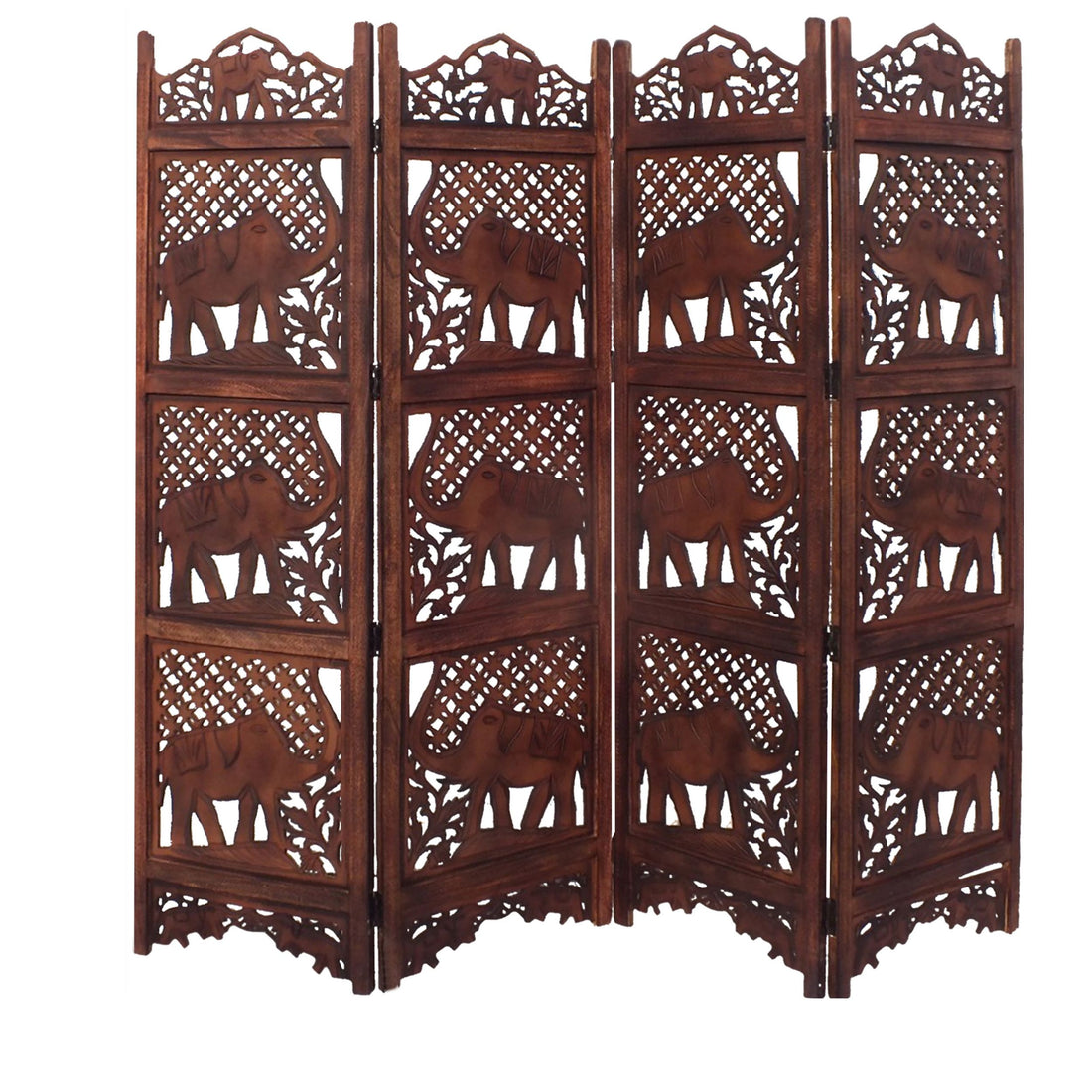 Hand Carved Elephant Design Foldable 4 Panel Wooden Room Divider, Brown Brown Solid Wood