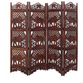 Hand Carved Elephant Design Foldable 4 Panel Wooden Room Divider, Brown Brown Solid Wood