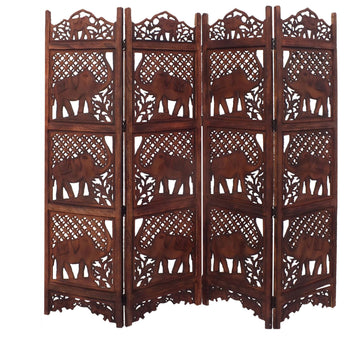 Hand Carved Elephant Design Foldable 4 Panel Wooden Room Divider, Brown Brown Solid Wood