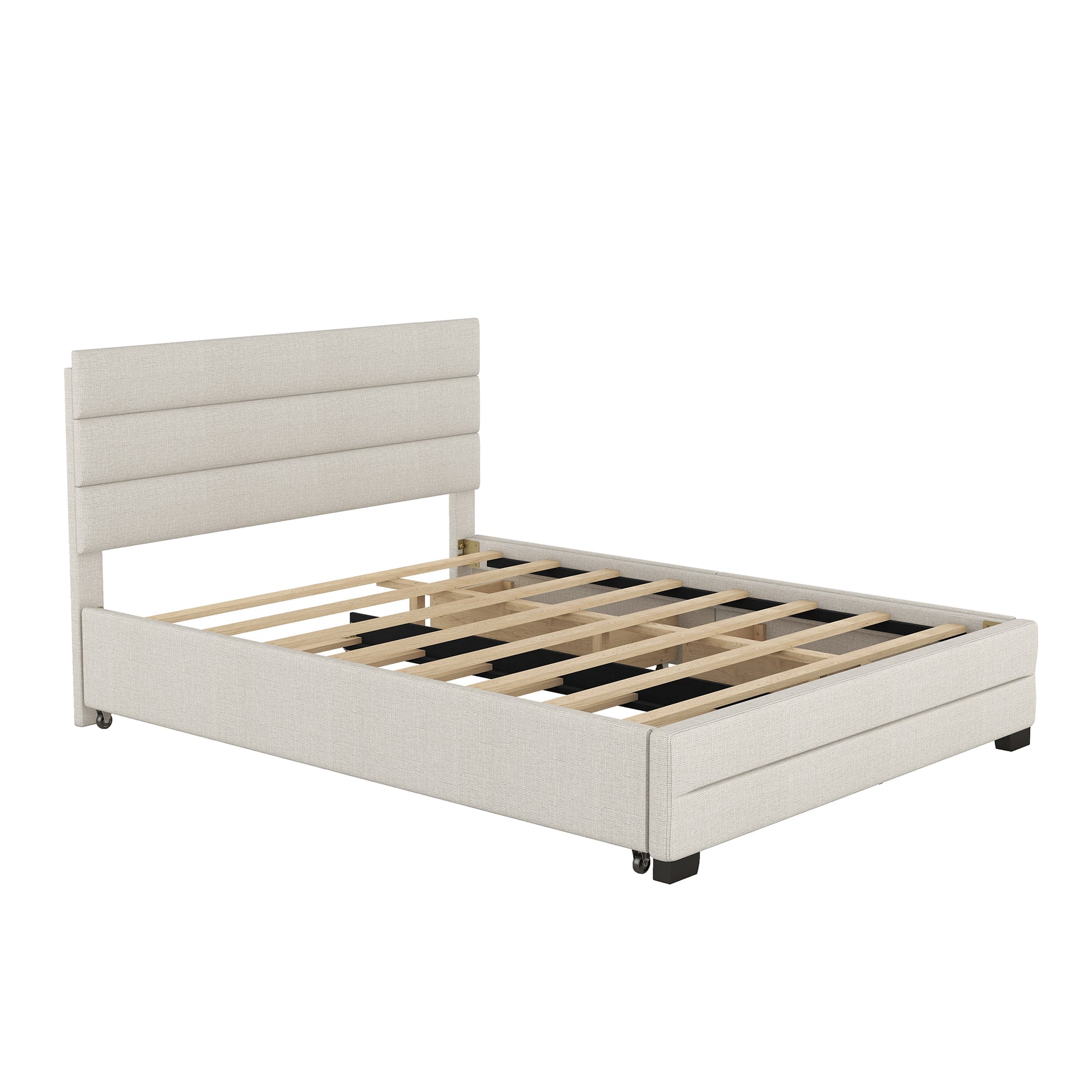 Queen Upholstered Platform Bed With Twin Size Trundle And Two Drawers, Beige Queen Beige Upholstered