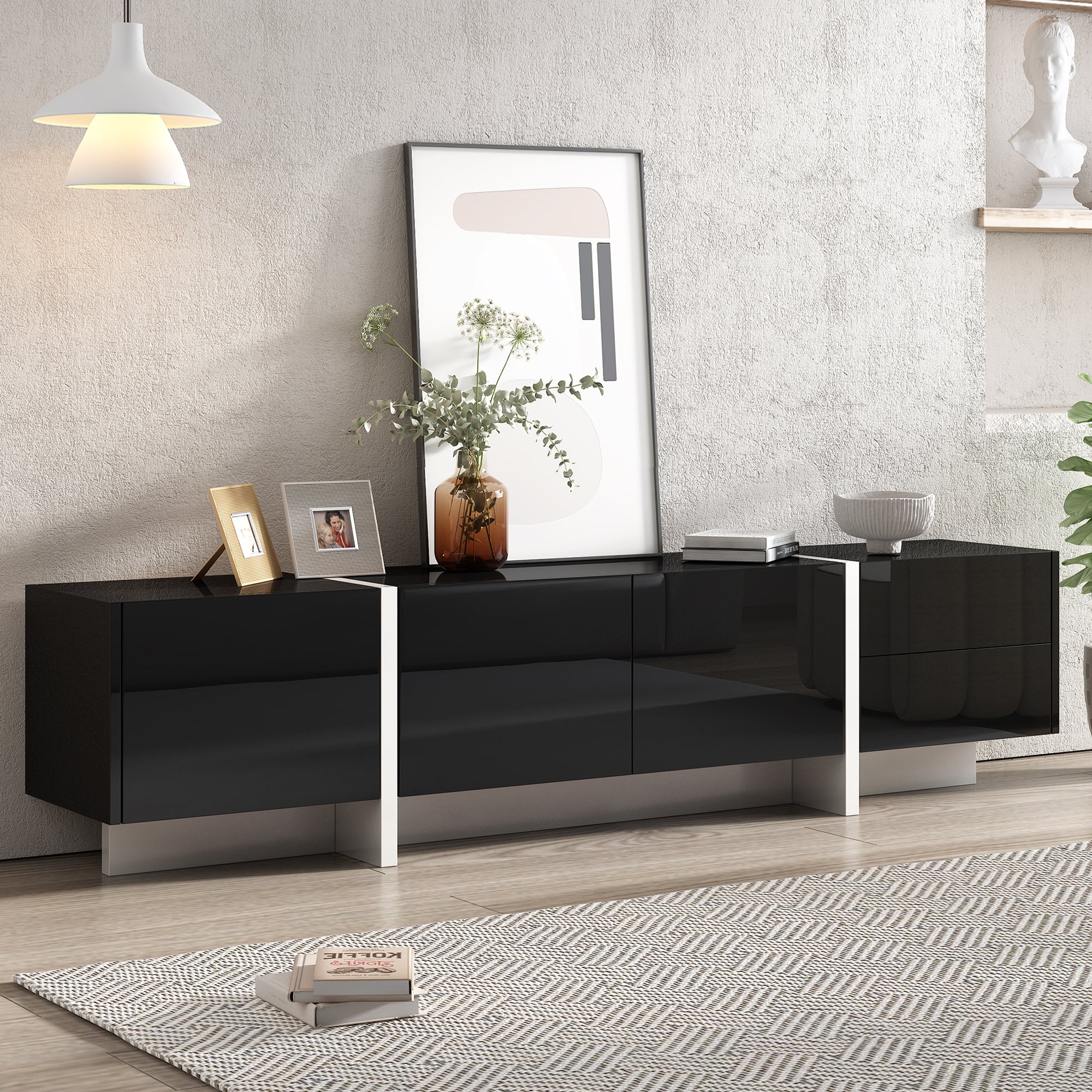 White & Black Contemporary Rectangle Design Tv Stand, Unique Style Tv Console Table For Tvs Up To 80'', Modern Tv Cabinet With High Gloss Uv Surface For Living Room. Black Particle Board