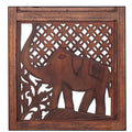 Hand Carved Elephant Design Foldable 4 Panel Wooden Room Divider, Brown Brown Solid Wood