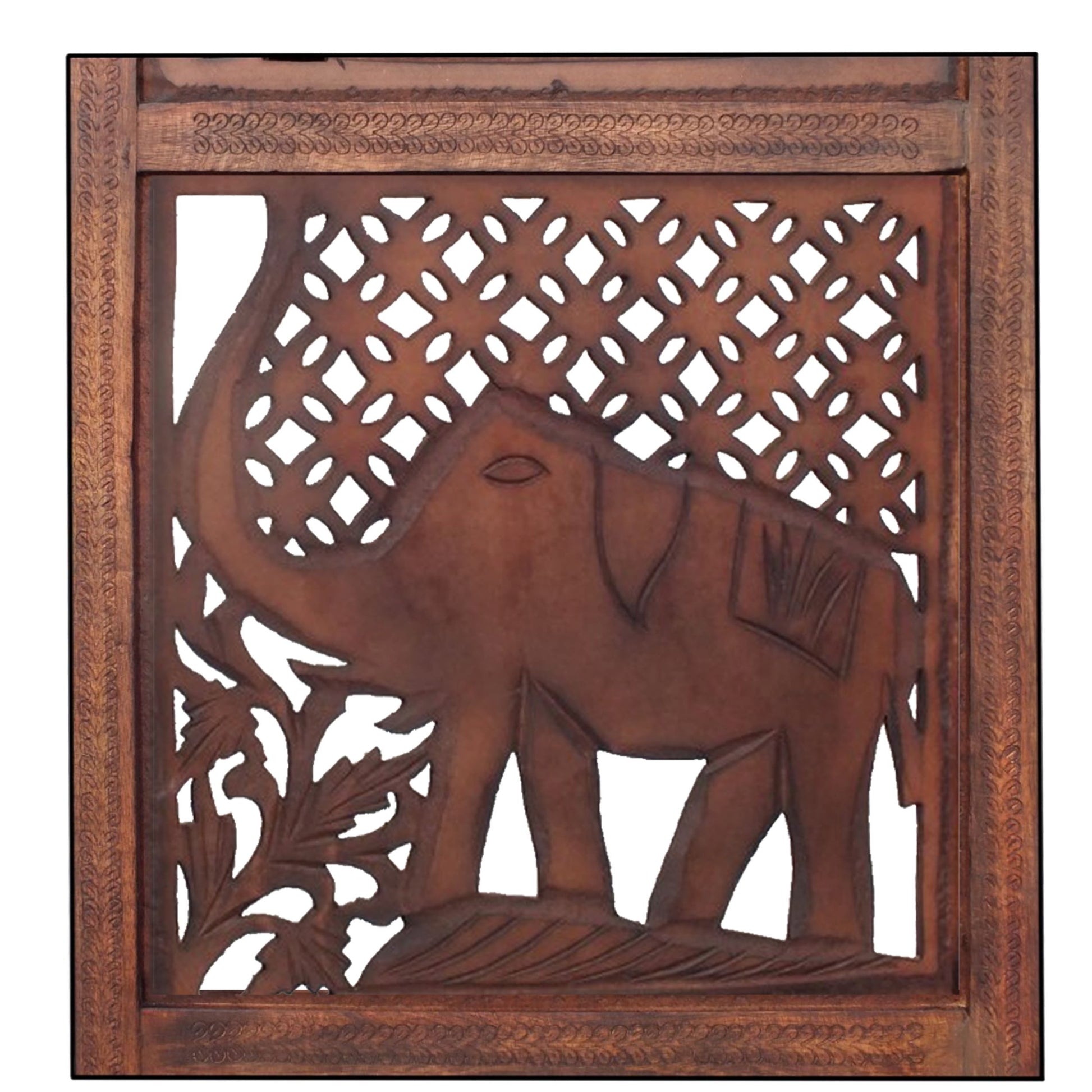 Hand Carved Elephant Design Foldable 4 Panel Wooden Room Divider, Brown Brown Solid Wood