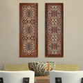 2 Piece Mango Wood Wall Panel Set With Mendallion Carving, Burnt Brown Brown Metal & Wood