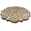 18 Inch Handcrafted Mango Wood Side End Table, Floral Carved Top, Tripod Base, Antique Brown, White Brown White Solid Wood