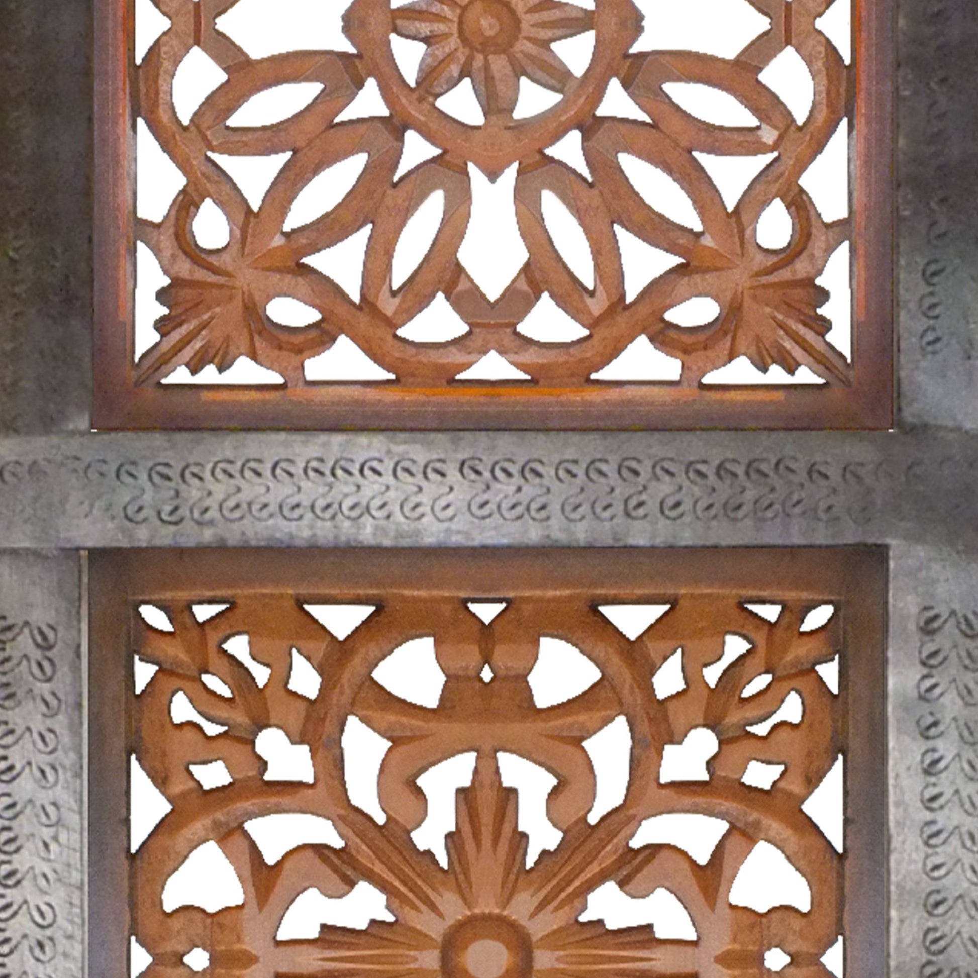 Decorative Mango Wood Wall Panel With Cutout Flower Pattern, Brown Brown Metal & Wood