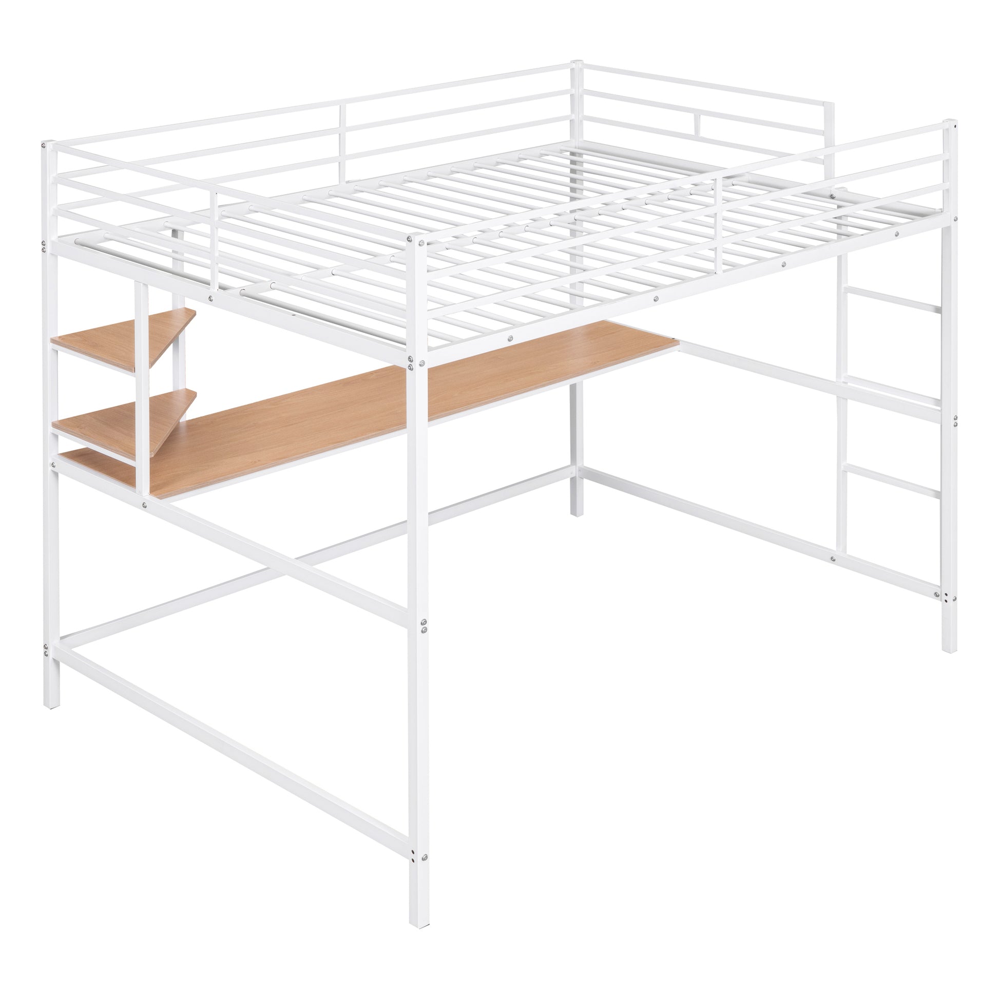 Full Metal Loft Bed With Desk And Shelve, White White Metal