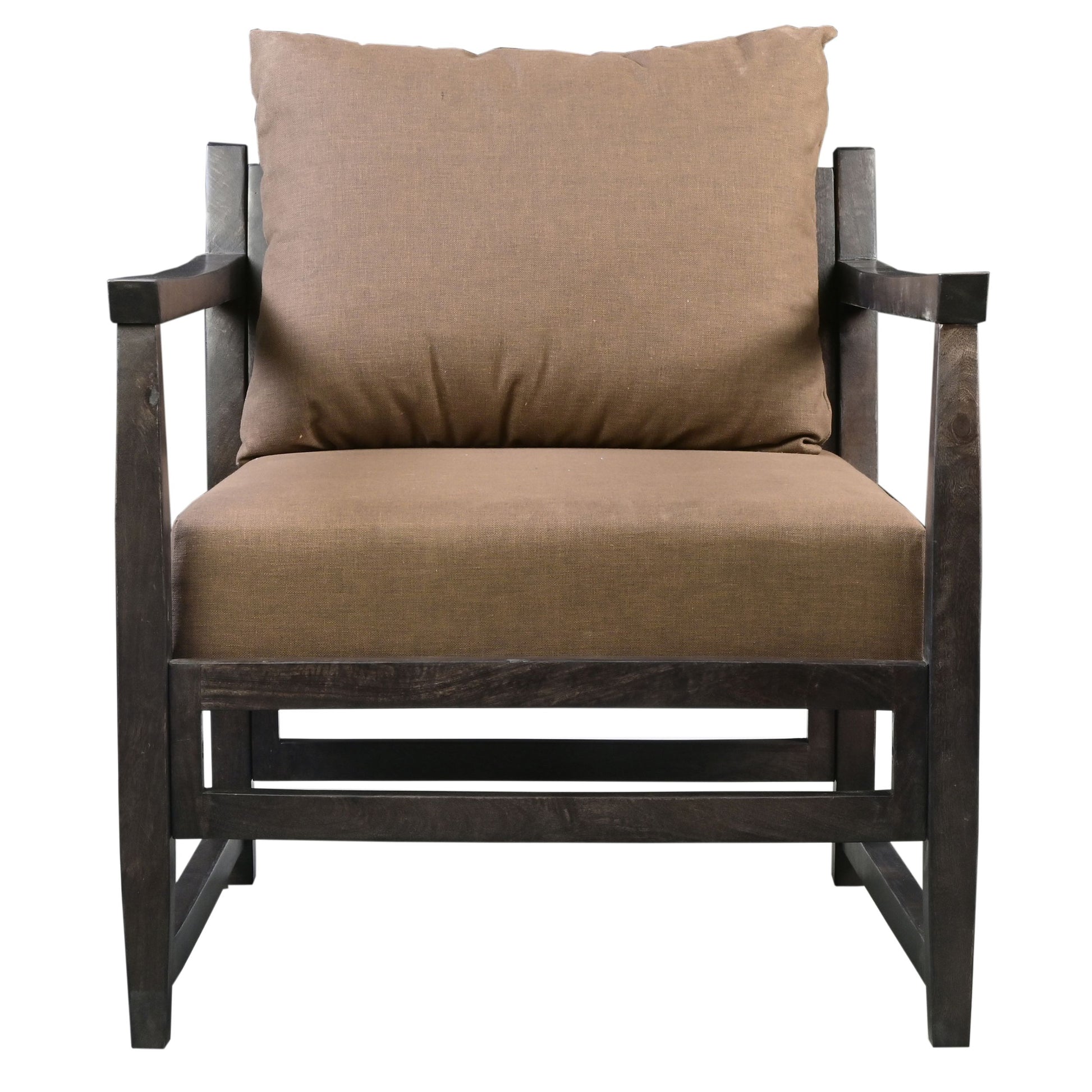 Malibu 27 Inch Handcrafted Mango Wood Accent Chair, Fabric, Pillow Back, Open Frame, Brown Brown Solid Wood