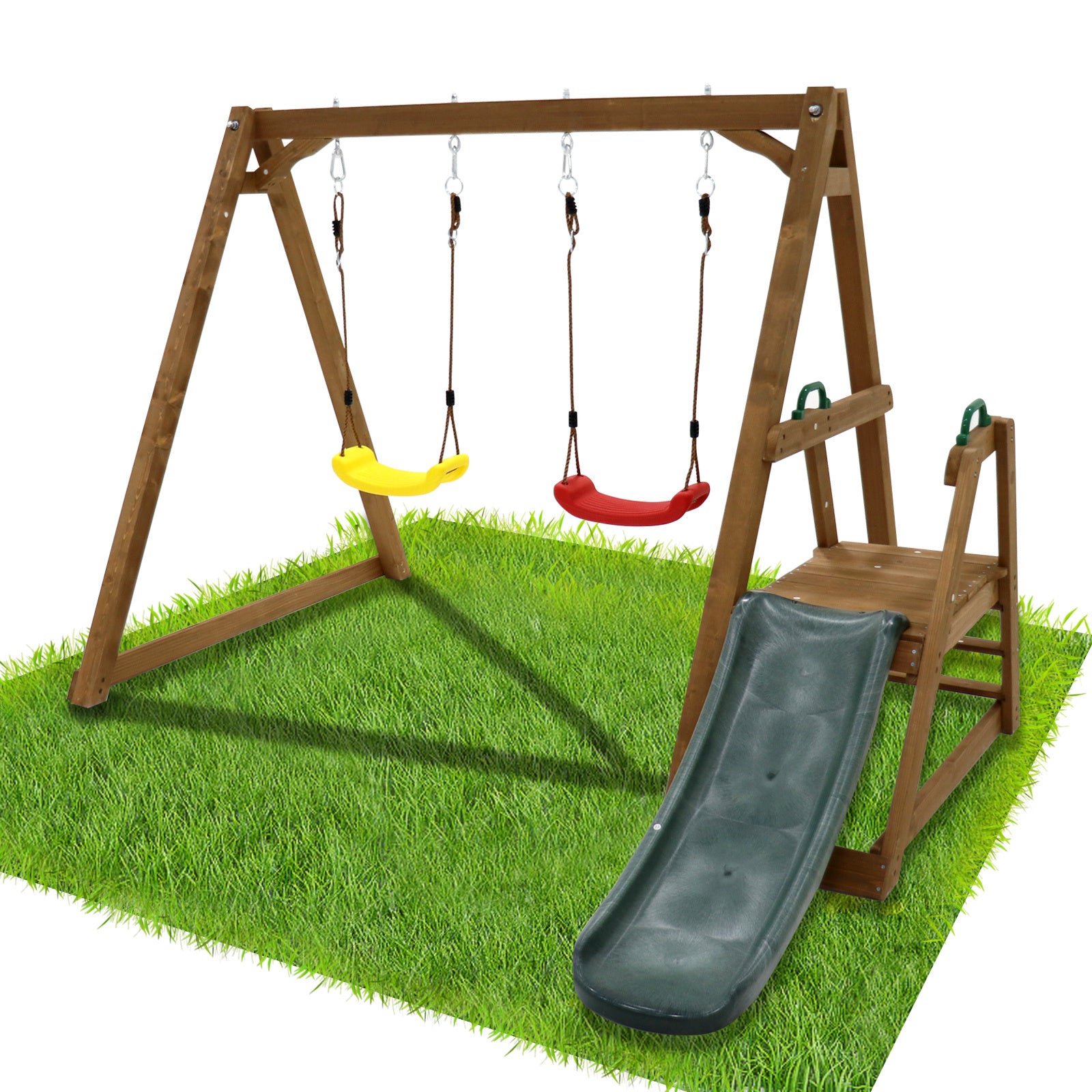 Wood Swing Set For Backyard, 2 In 1 Outdoor Swing Set With Slide, Climbing Rope Ladder Kids Backyard Playset Natural Solid Wood