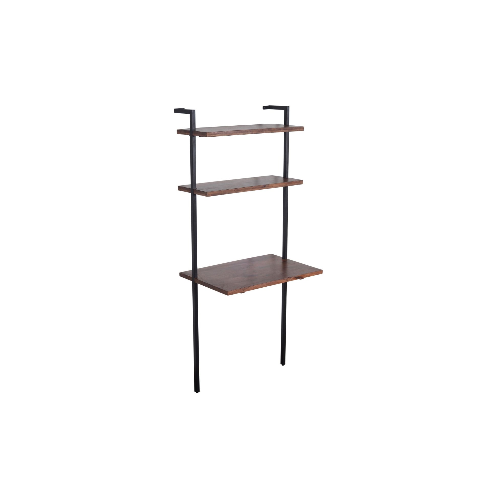 Industrial 3 Tier Mango Wood Ladder Storage Wall Shelf With Tubular Frame, Brown And Black Walnut Black Metal & Wood