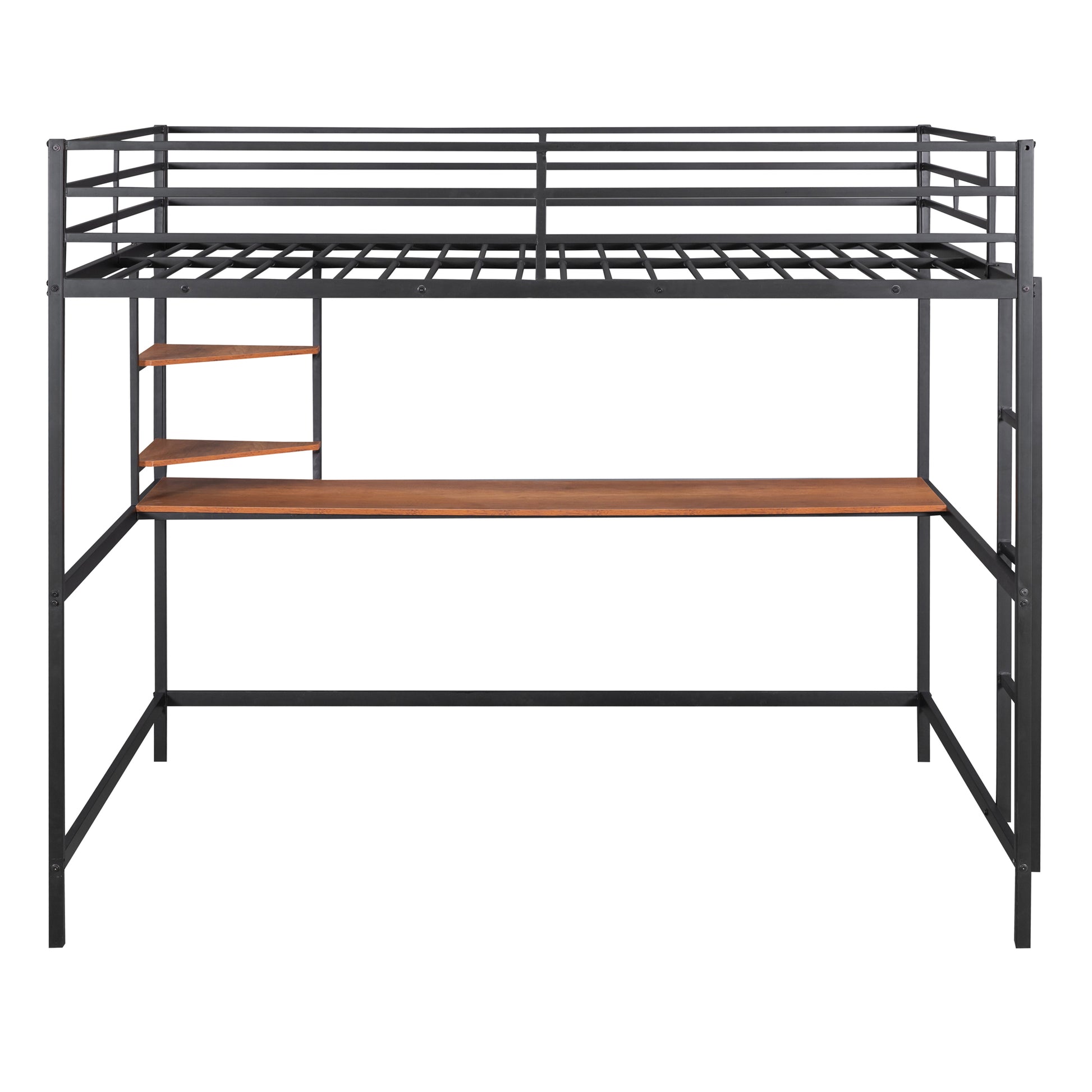 Full Metal Loft Bed With Desk And Shelve, Black Black Metal