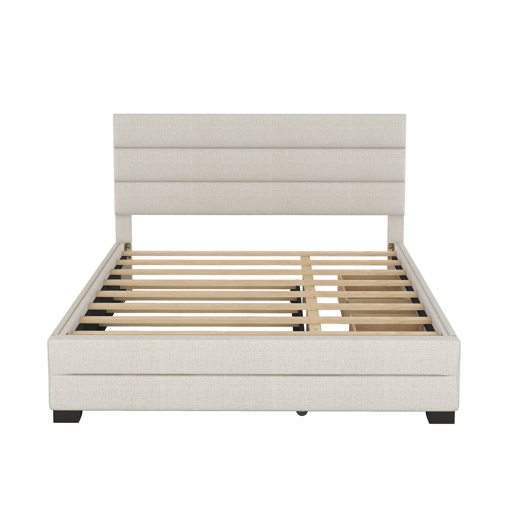 Queen Upholstered Platform Bed With Twin Size Trundle And Two Drawers, Beige Queen Beige Upholstered