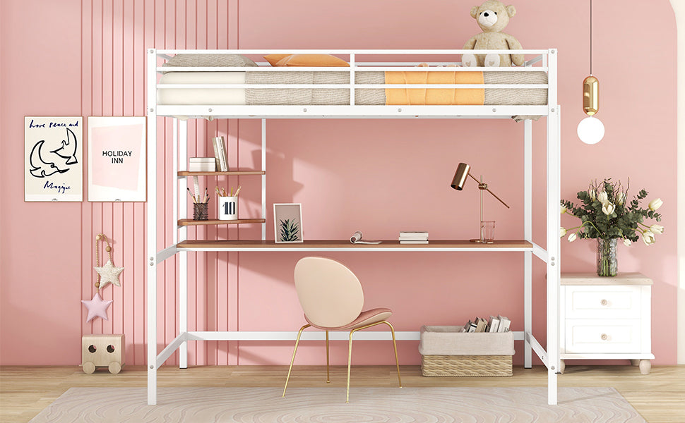 Full Metal Loft Bed With Desk And Shelve, White White Metal