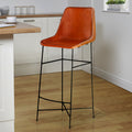 Bar Height Chair With Genuine Leather Upholstery, Tubular Frame, Tan Brown, Black Walnut Black Iron