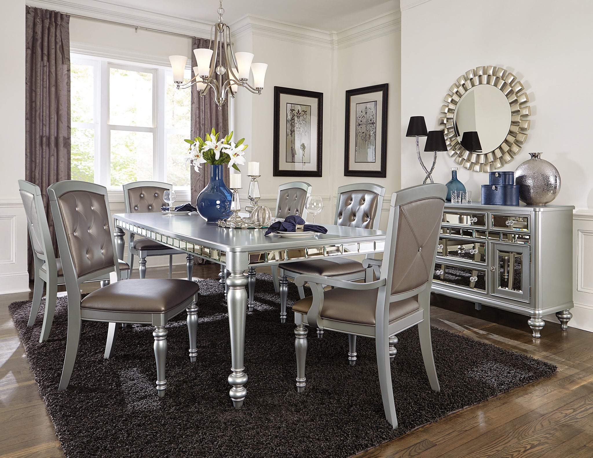 Glamorous Silver Finish Dining Set 7Pc Dining Table 2X Armchairs 4X Side Chairs Crystal Button Tufted Upholstered Modern Style Furniture Silver Seats 6 Dining Room Glam,Modern Rectangular Dining Table With Chair Wood