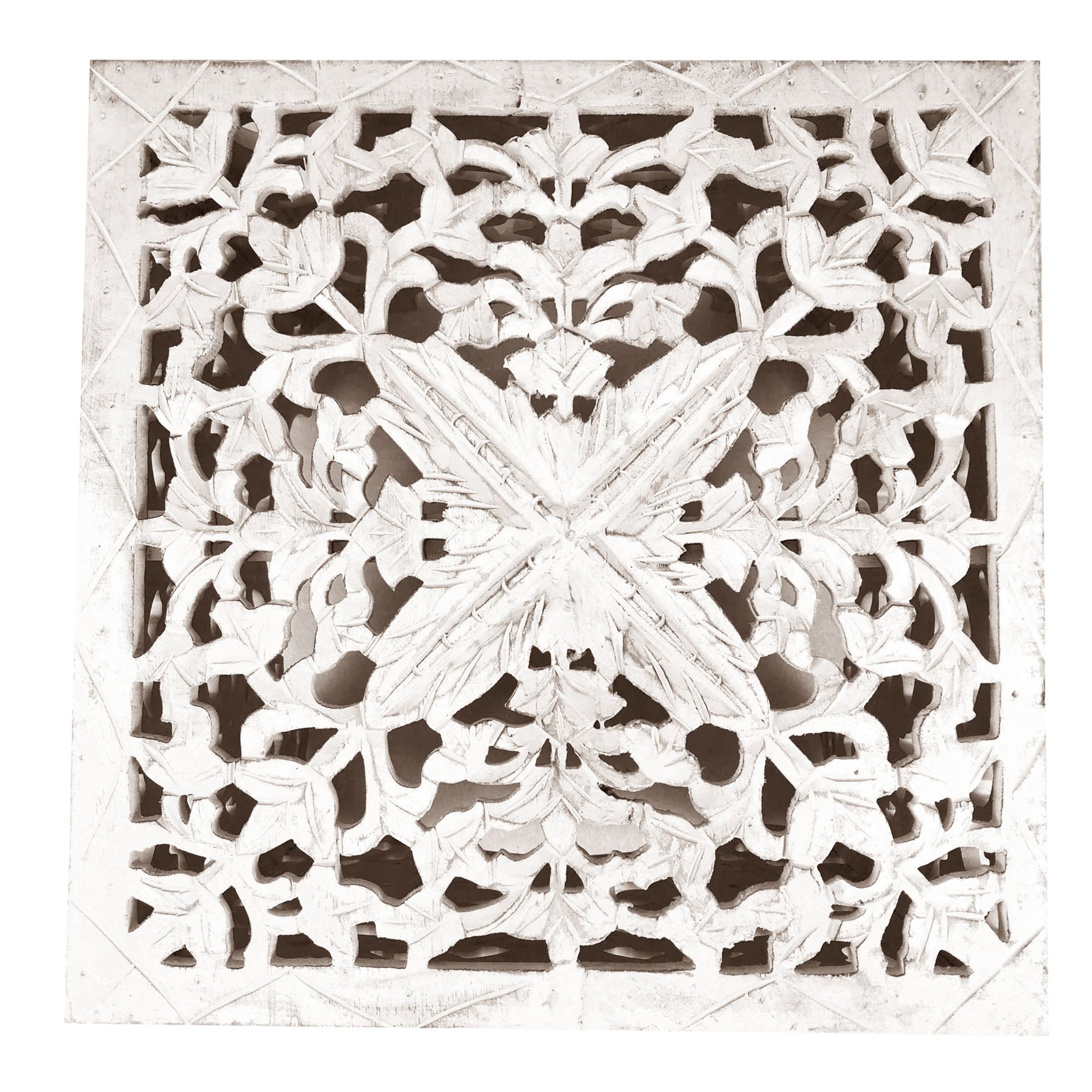 Wooden End Table With Floral Cut Out Design, Set Of 2, Antique White White Solid Wood