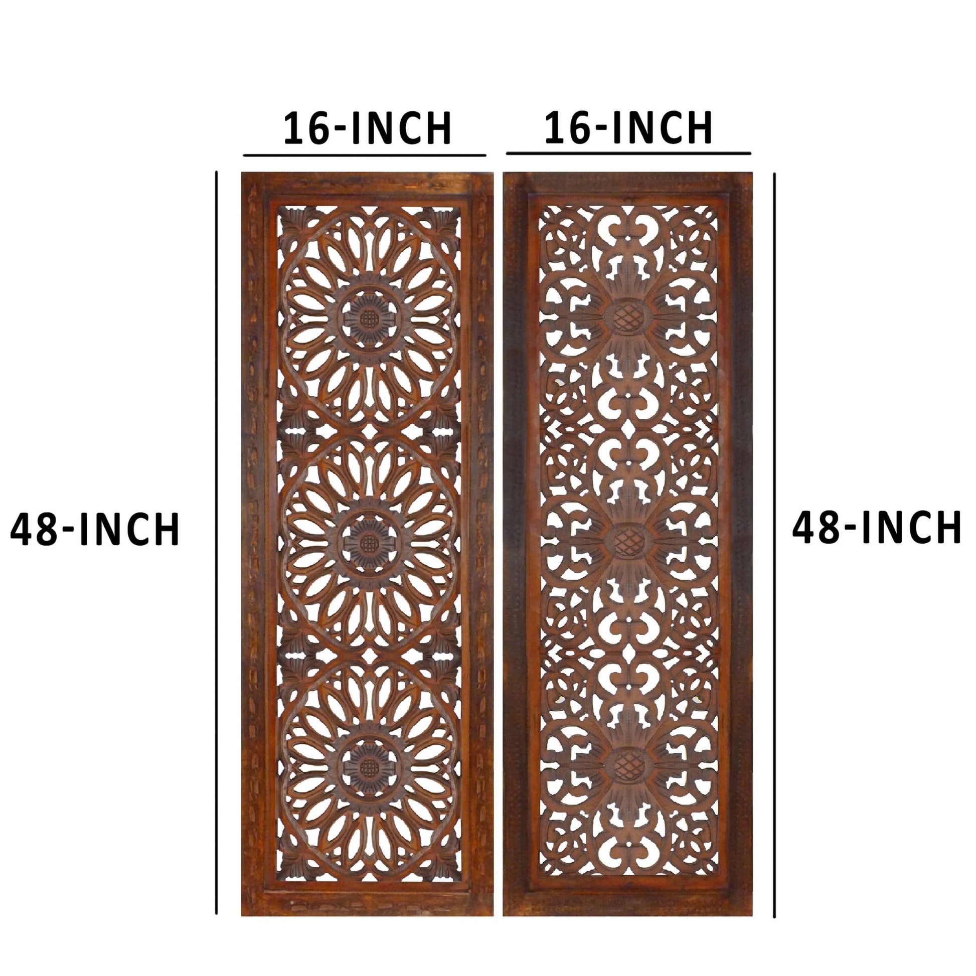 2 Piece Mango Wood Wall Panel Set With Mendallion Carving, Burnt Brown Brown Metal & Wood