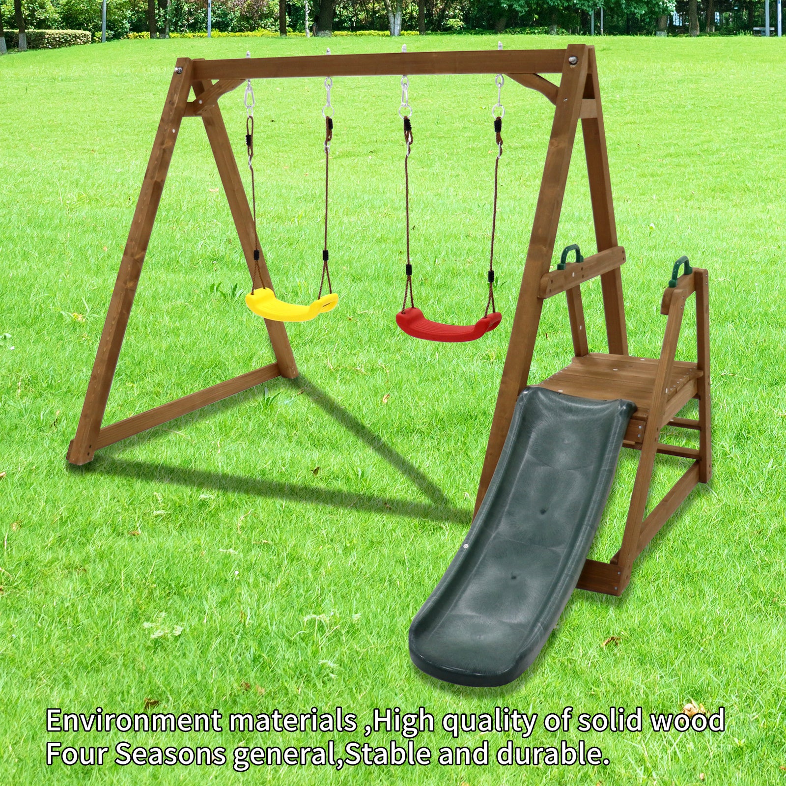 Wood Swing Set For Backyard, 2 In 1 Outdoor Swing Set With Slide, Climbing Rope Ladder Kids Backyard Playset Natural Solid Wood