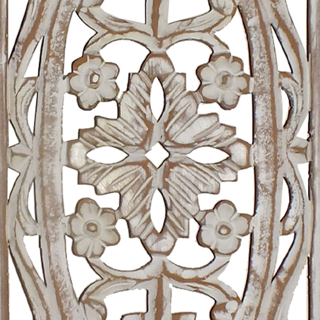 Rectangular Mango Wood Wall Panel Hand Crafted With Intricate Carving, White And Brown Brown White Metal & Wood