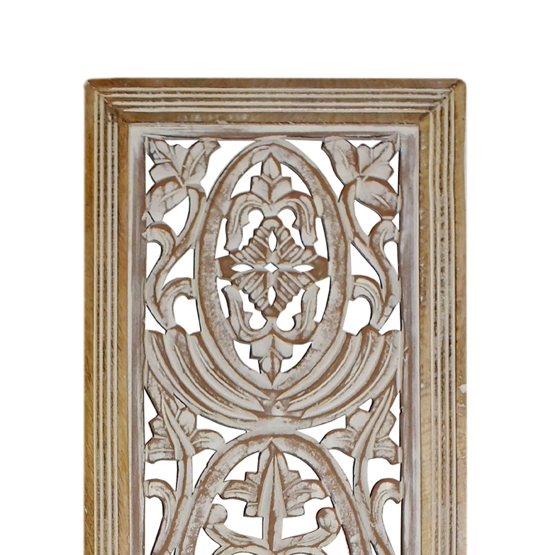 Rectangular Mango Wood Wall Panel Hand Crafted With Intricate Carving, White And Brown Brown White Metal & Wood