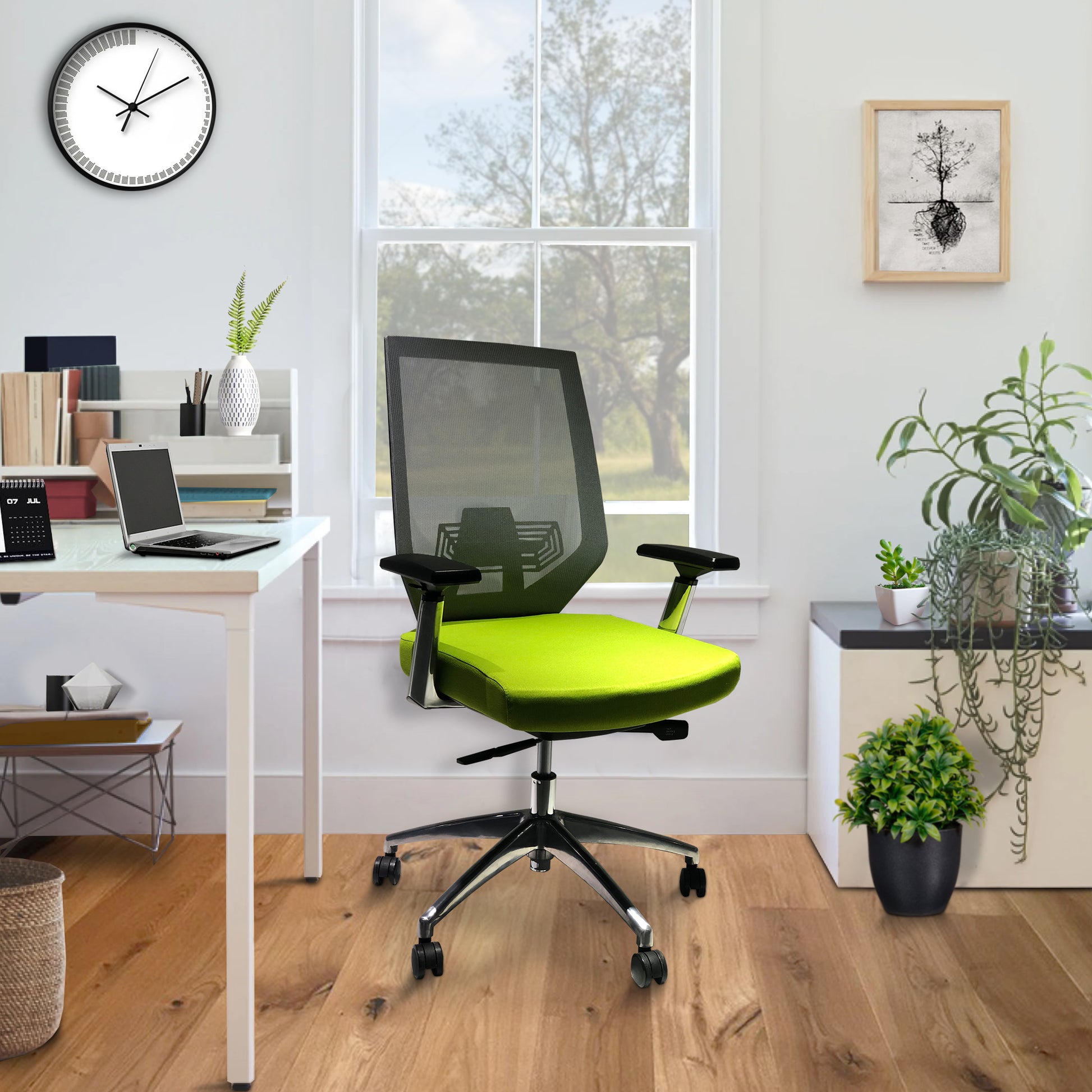 Adjustable Mesh Back Ergonomic Office Swivel Chair With Padded Seat And Casters, Green And Gray Green Metal & Wood