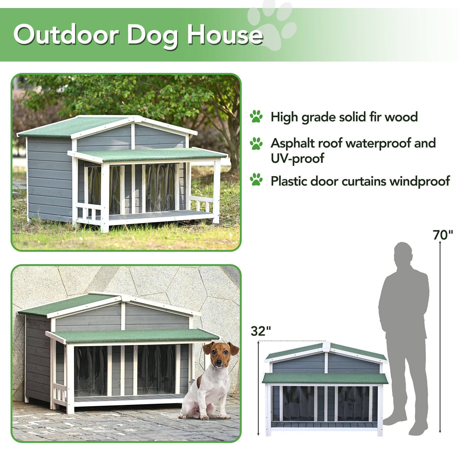 47.2" Large Wooden Dog House Outdoor, Outdoor & Indoor Dog Crate, Cabin Style, With Porch, 2 Doors, Gray And Green Gray Outdoor Kennel Medium 26 40 Lbs Solid Wood