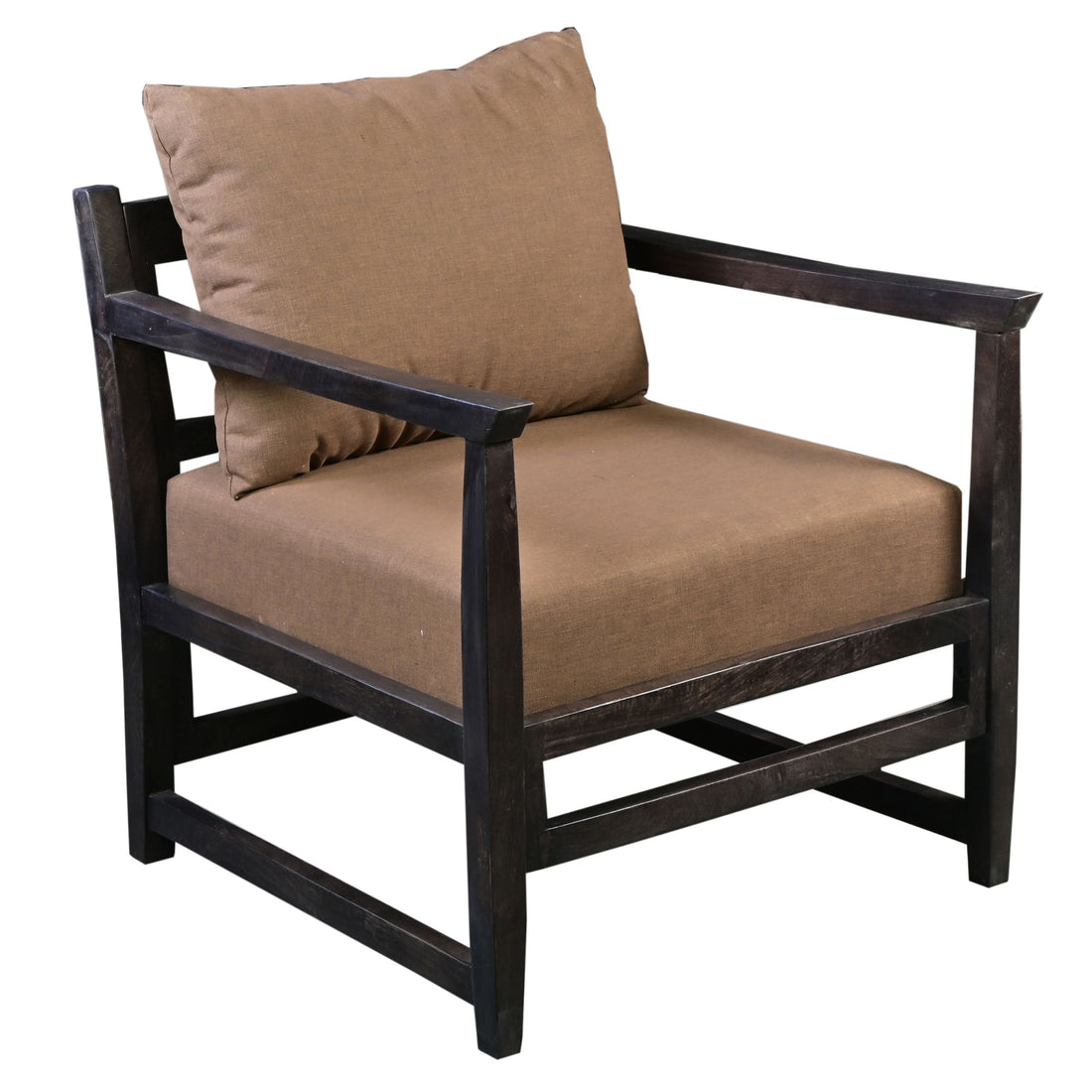 Malibu 27 Inch Handcrafted Mango Wood Accent Chair, Fabric, Pillow Back, Open Frame, Brown Brown Solid Wood