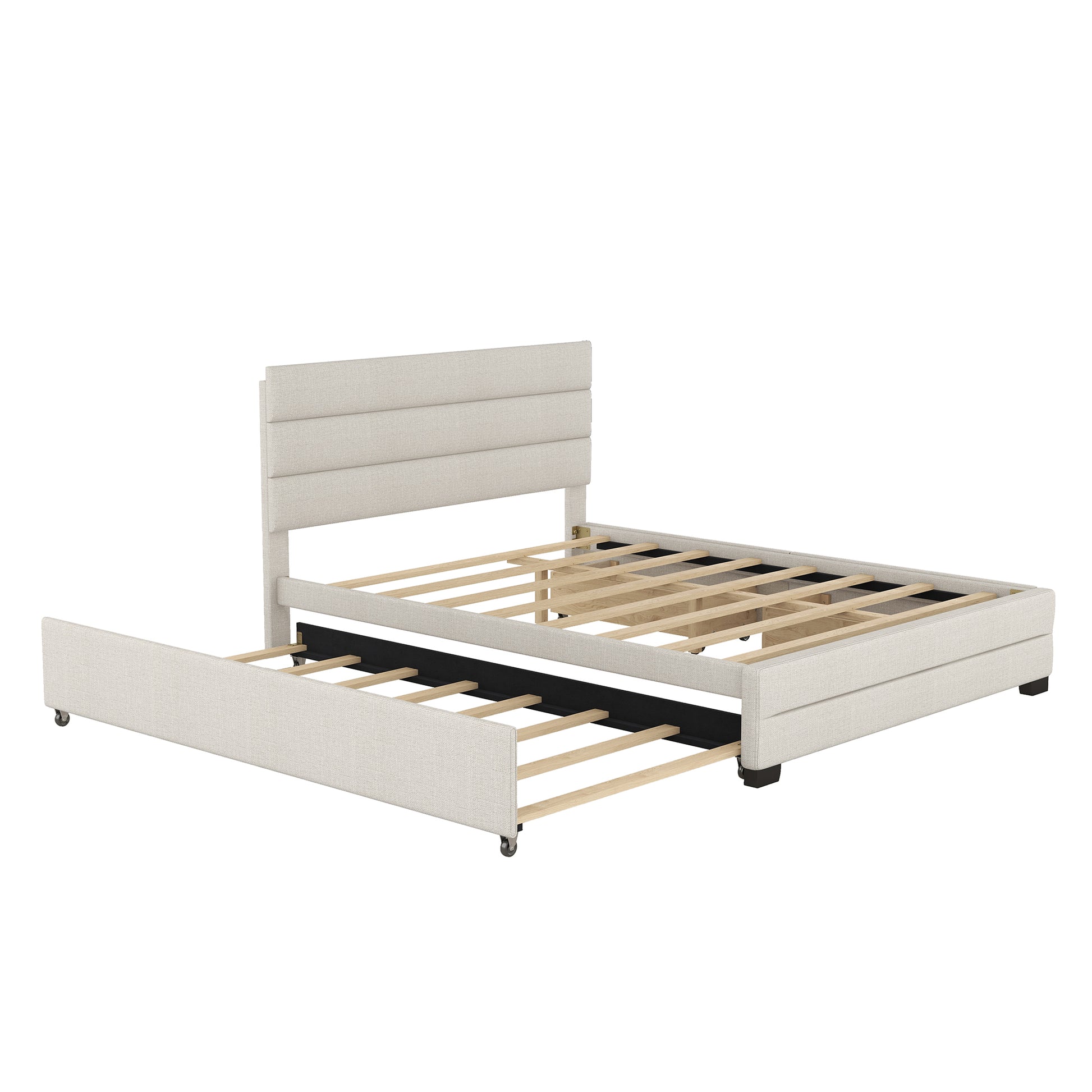 Queen Upholstered Platform Bed With Twin Size Trundle And Two Drawers, Beige Queen Beige Upholstered