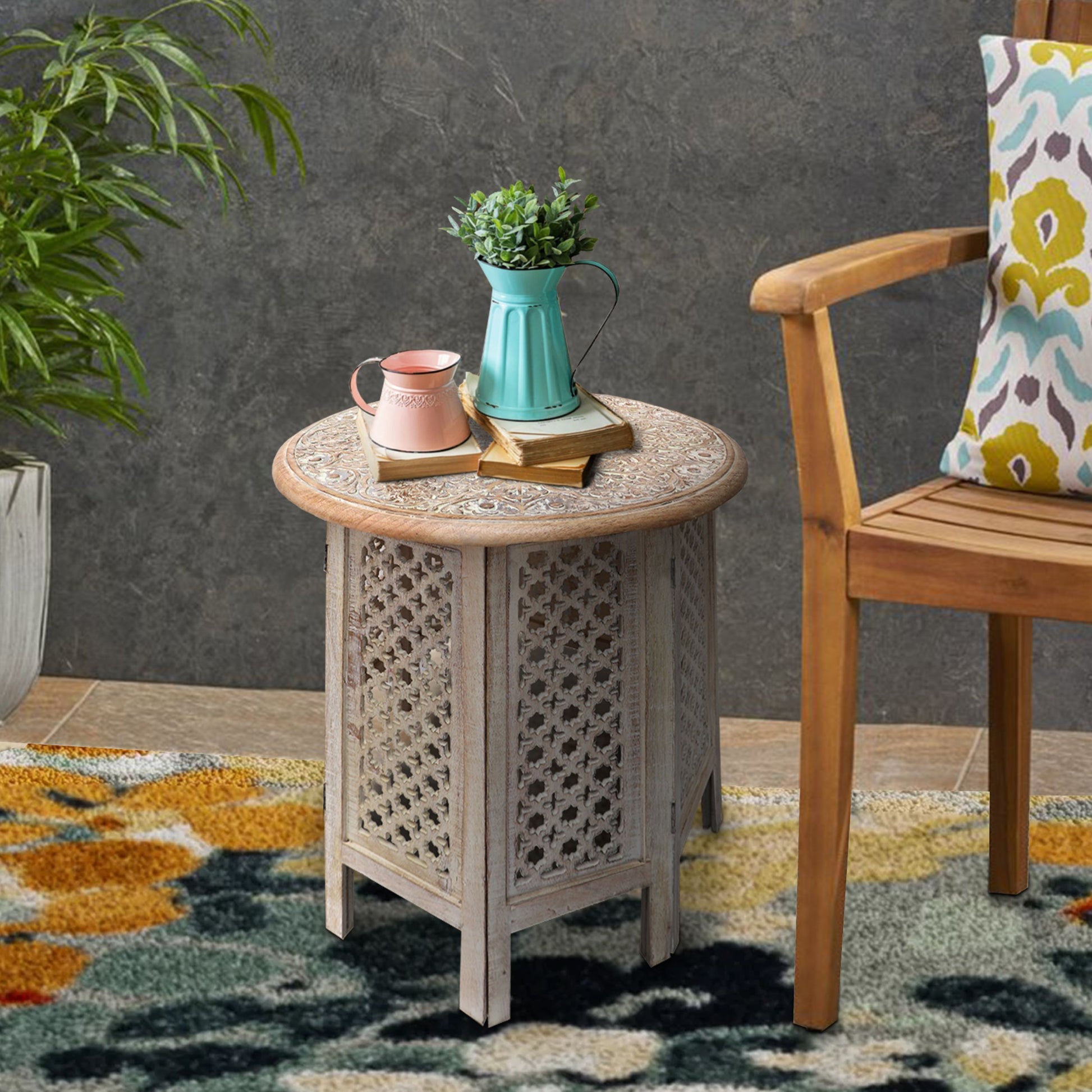 Mesh Cut Out Carved Mango Wood Octagonal Folding Table With Round Top, Antique White And Brown Brown White Solid Wood