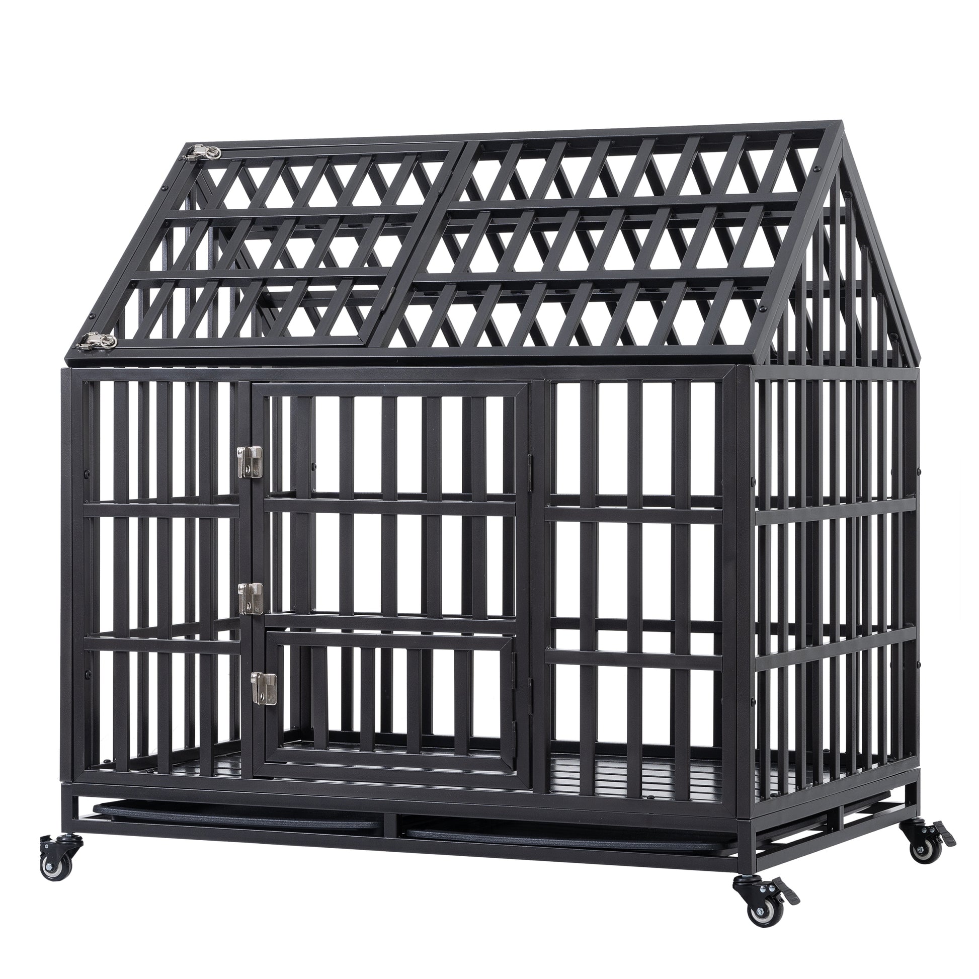 Heavy Duty Dog Cage Pet Crate With Roof Black Carbon Steel