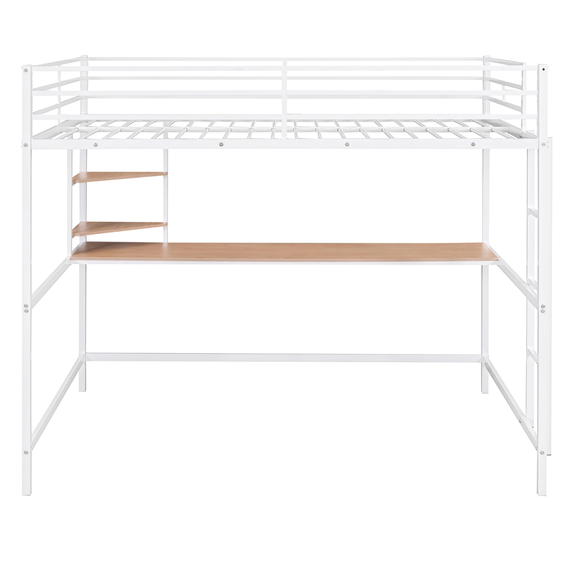 Full Metal Loft Bed With Desk And Shelve, White White Metal