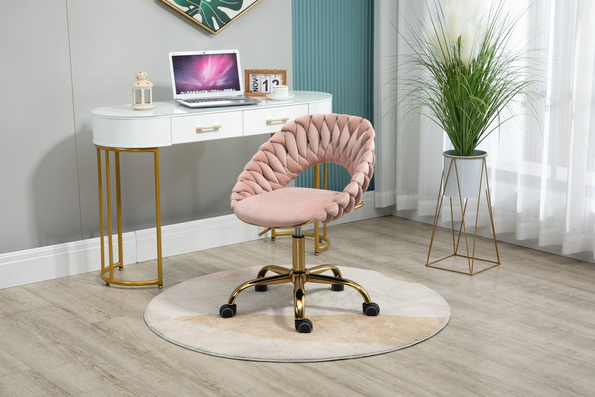 Coolmore Computer Chair Office Chair Adjustable Swivel Chair Fabric Seat Home Study Chair Pink Polyester