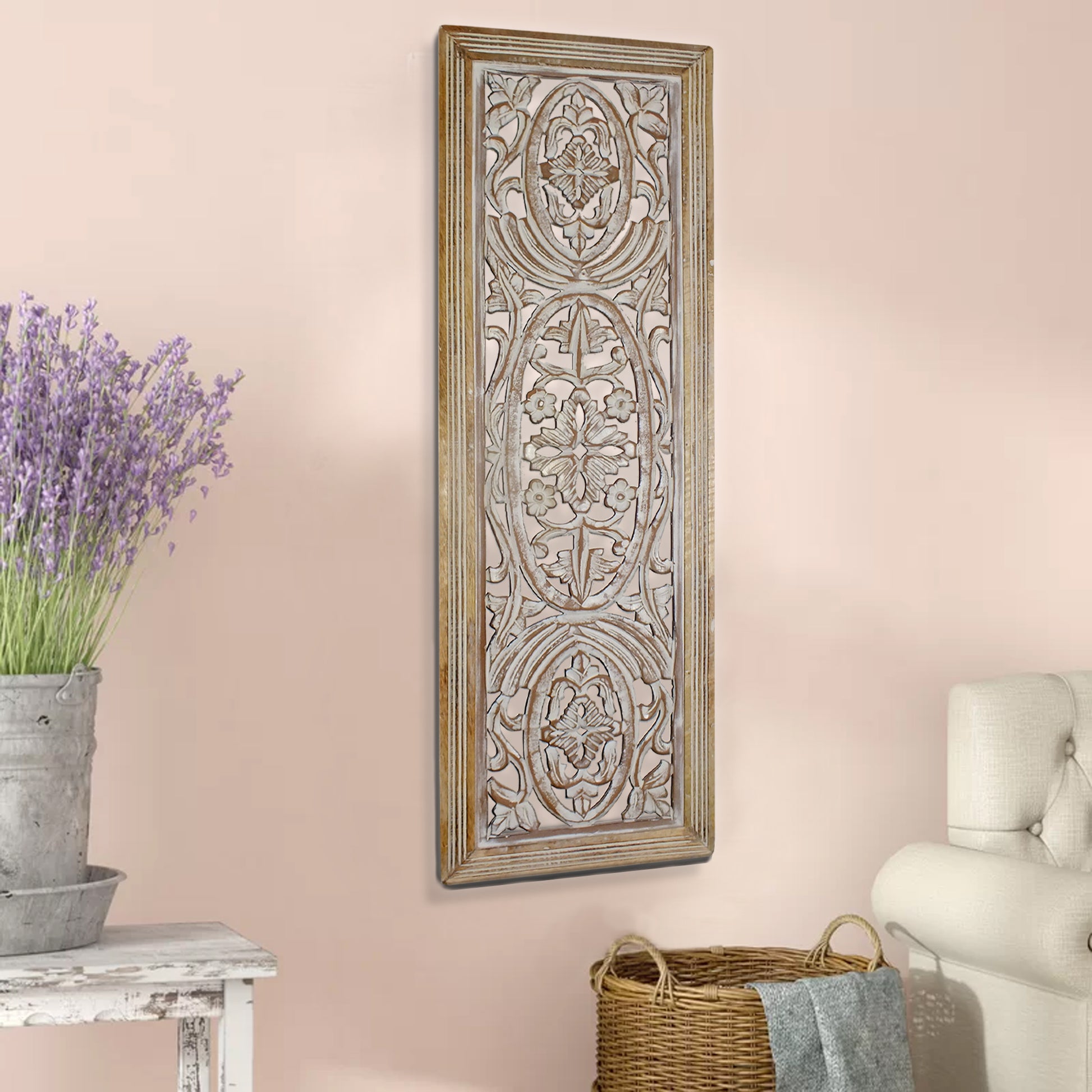 Rectangular Mango Wood Wall Panel Hand Crafted With Intricate Carving, White And Brown Brown White Metal & Wood