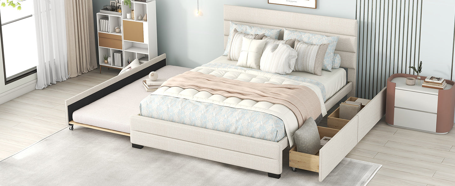 Queen Upholstered Platform Bed With Twin Size Trundle And Two Drawers, Beige Queen Beige Upholstered